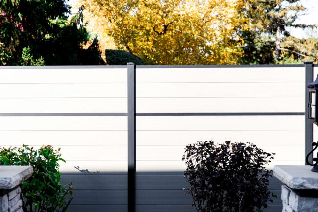 Modern Composite Privacy Fence Sandy Birch with Black Aluminum Posts and Rails