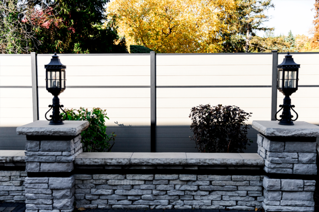 Modern Composite Privacy Fence Sandy Birch and Black Aluminum