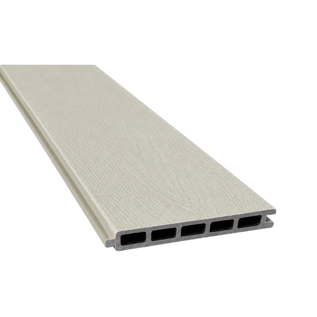 Greenwood Fence Sandy Birch capped composite fence board with woodgrain surface, tongue-and-groove edge, and five-chamber hollow profile