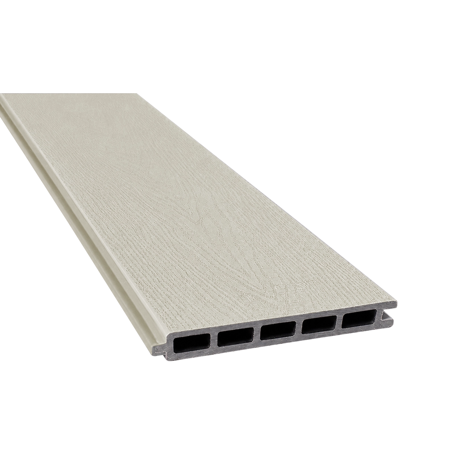 Greenwood Fence Sandy Birch capped composite fence board with woodgrain surface, tongue-and-groove edge, and five-chamber hollow profile