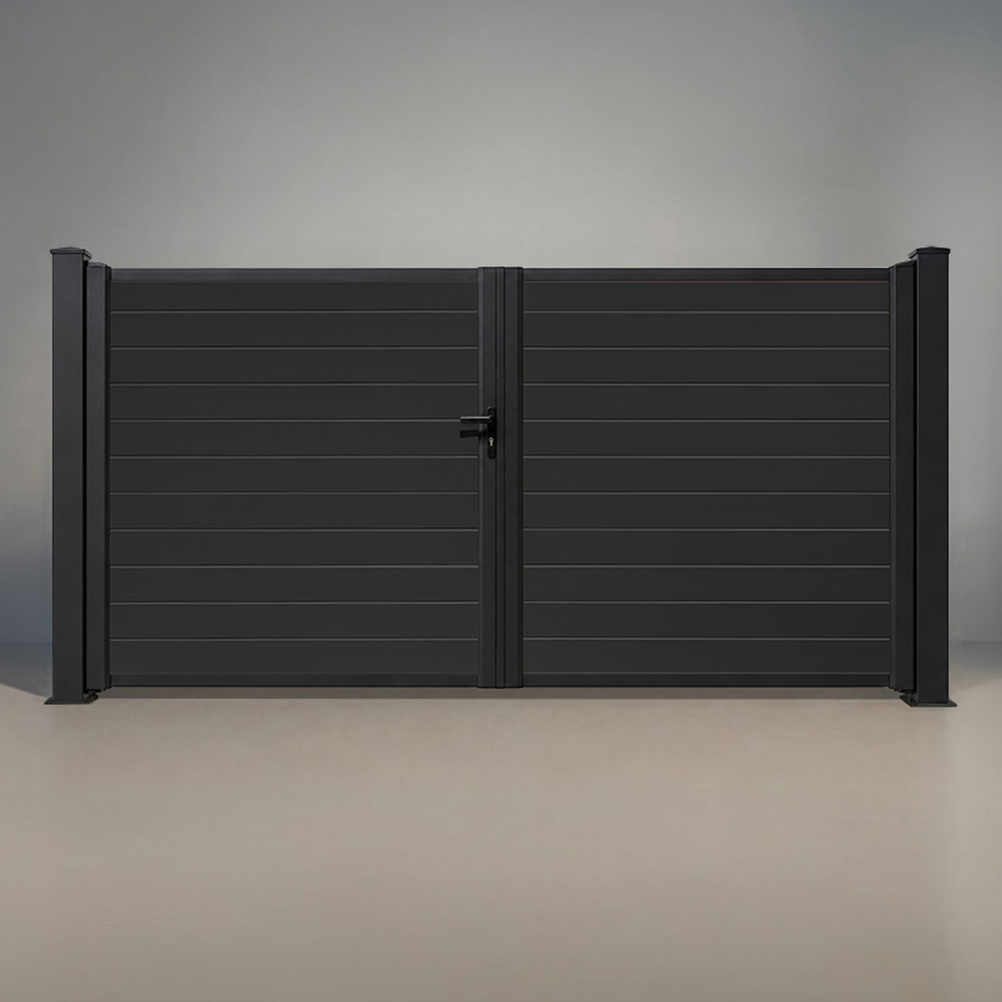 GWF® aluminum double swing gate in Charcoal, two horizontal-infill leaves meeting at a center gate stopper between matte black posts, for openings up to 12 feet.
