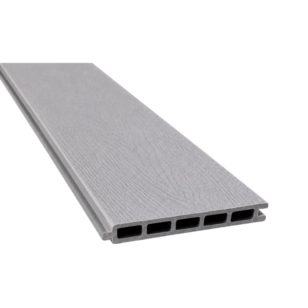 Greenwood Fence Storm Grey capped composite fence board with woodgrain surface, tongue-and-groove edge, and five-chamber hollow profile