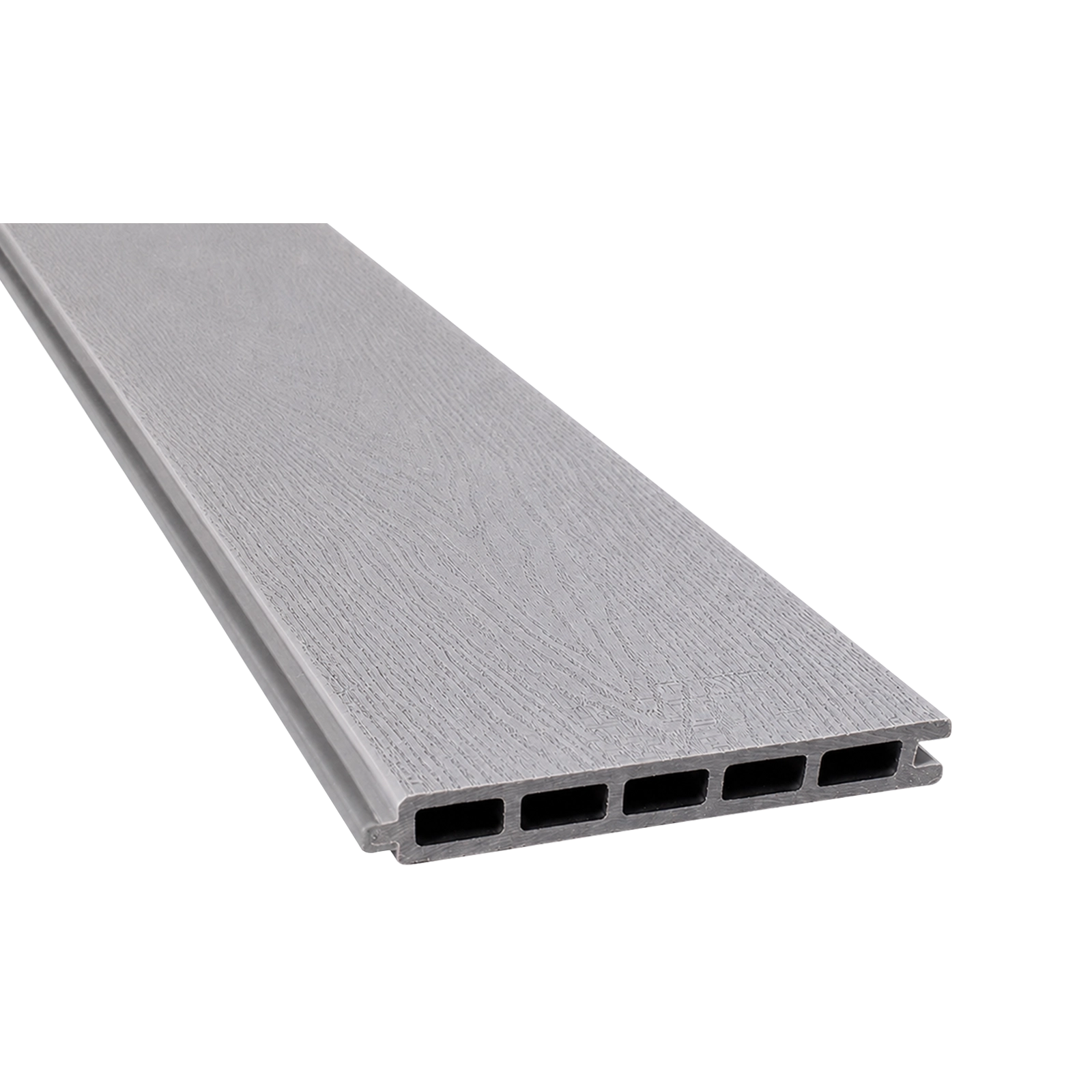 Greenwood Fence Storm Grey capped composite fence board with woodgrain surface, tongue-and-groove edge, and five-chamber hollow profile