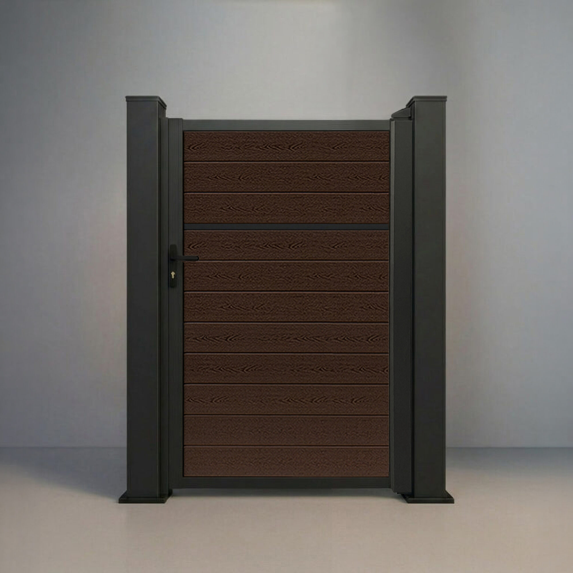 A perfectly parallel and level studio photograph of a 4ft wide modern modular pedestrian gate in Aspen Brown. The system features rich, multi-tonal wood-grain composite boards utilizing 360° Capped Technology in a complete interlocking tongue and groove board pattern. This is encased within a matte black architectural-grade aluminum frame and matching posts with finished caps, featuring an integrated modern smart lock handle. The entire system is anchored to a clean, minimalist concrete base.