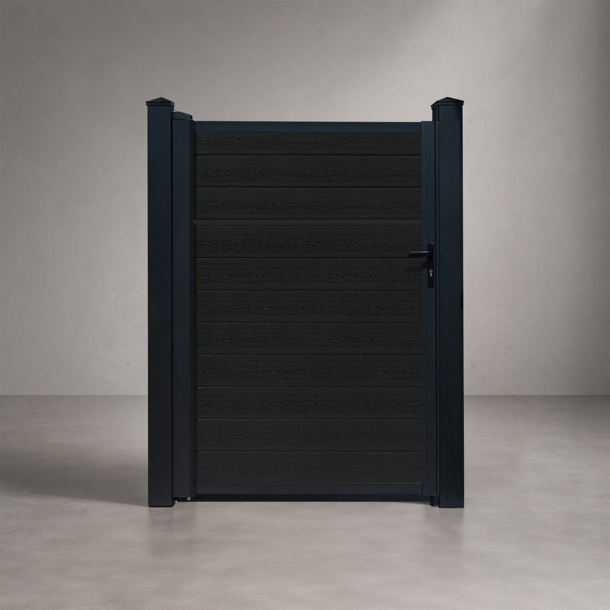 Greenwood Fence Classic Privacy Charcoal composite single swing gate with matte black aluminum frame, posts, and hardware