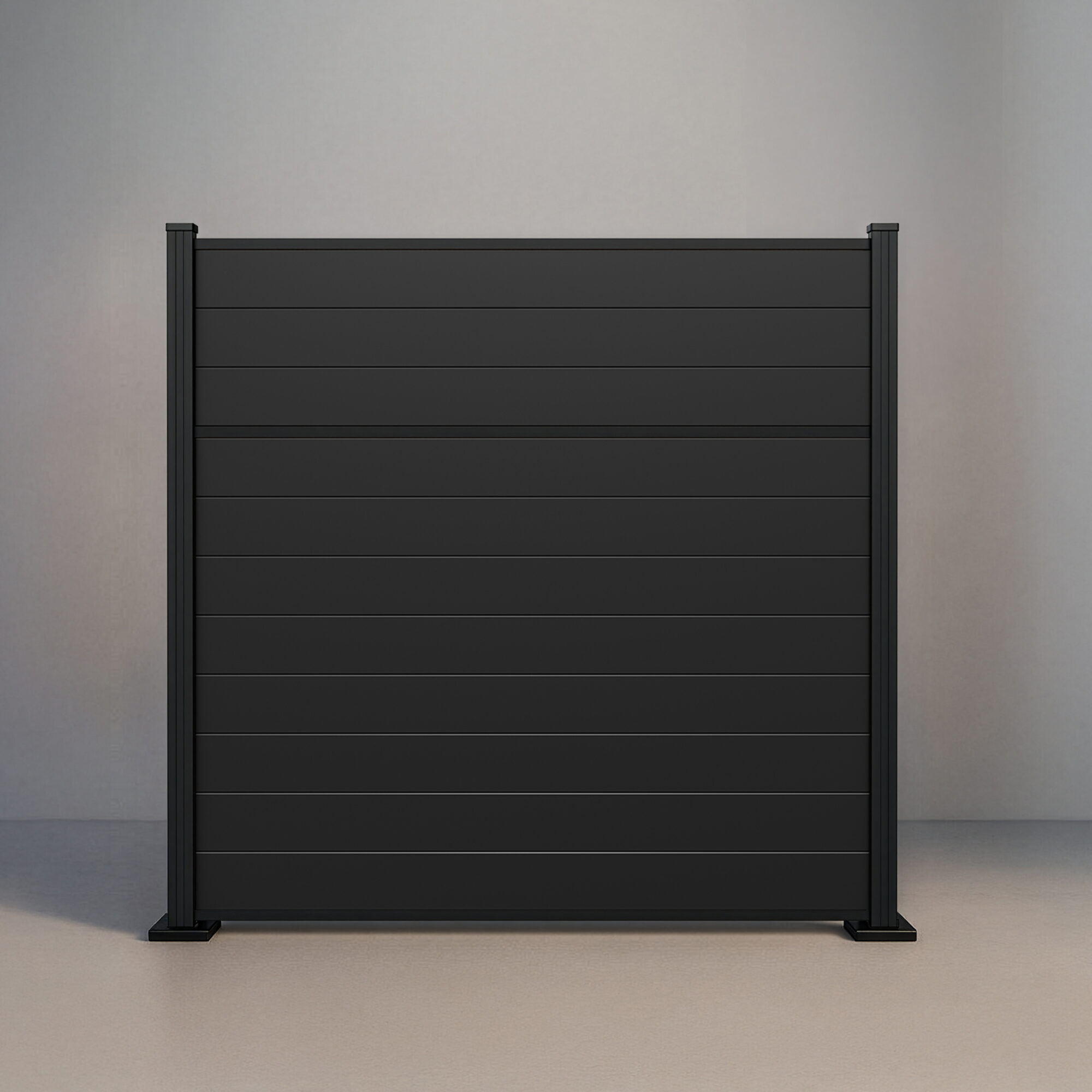 GWF® Classic Privacy horizontal modular aluminum fence in Matte Black with 6063-T5 framing, signature mid-panel rail, and AAMA 2604 powder coat.