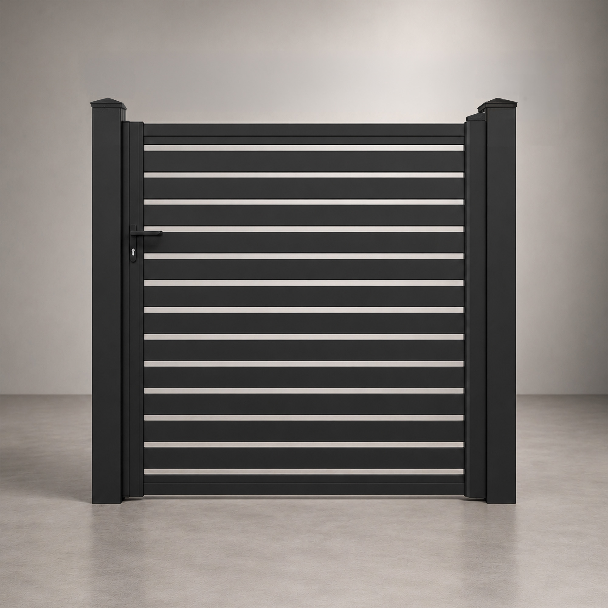 Greenwood Fence 12 ft Euro Slat aluminum double driveway gate in Matte Black with horizontal slats and 1 inch openings