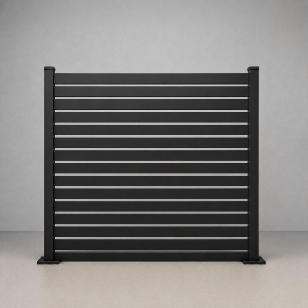 Greenwood Fence Euro Slat all aluminum horizontal slat fence with half inch openings in matte black, 6ft panel, straight-on product elevation