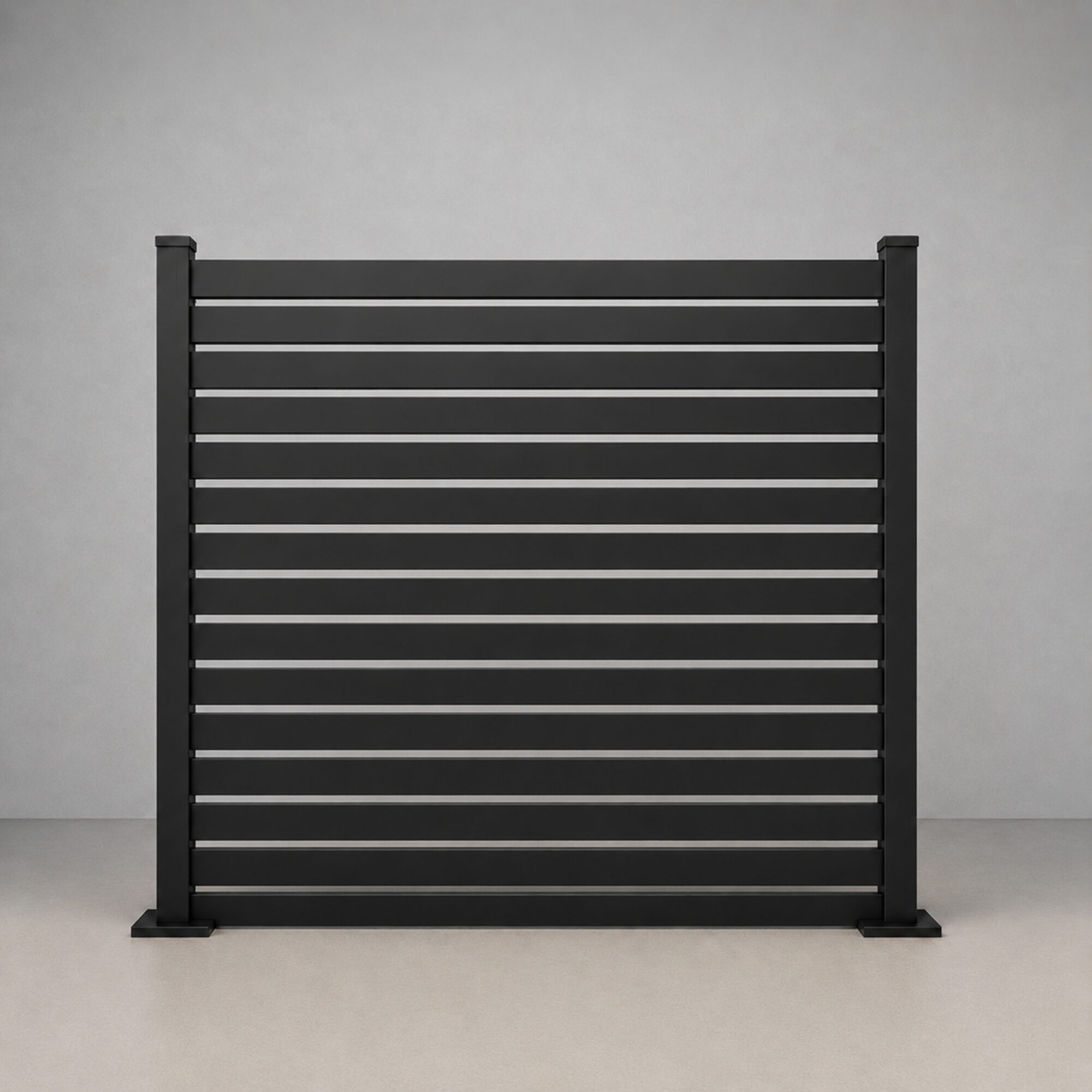 Greenwood Fence Euro Slat all aluminum horizontal slat fence with half inch openings in matte black, 6ft panel, straight-on product elevation