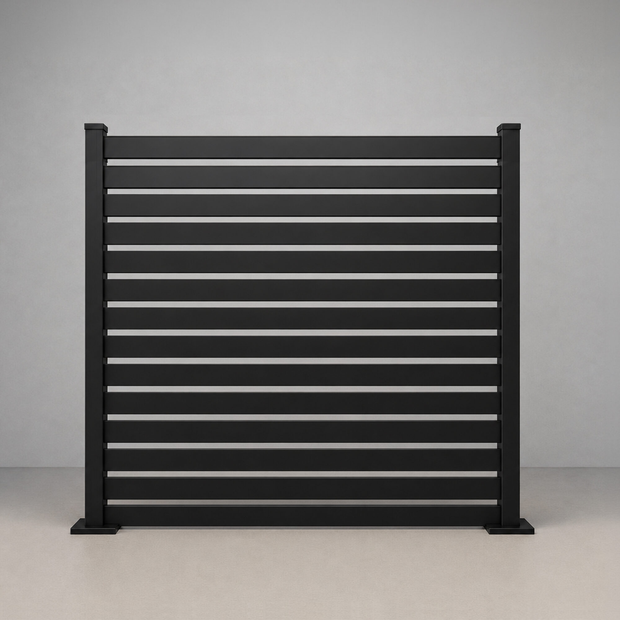 Greenwood Fence Euro Slat all aluminum horizontal slat fence with 1 inch openings in matte black, 6ft panel, straight-on product elevation