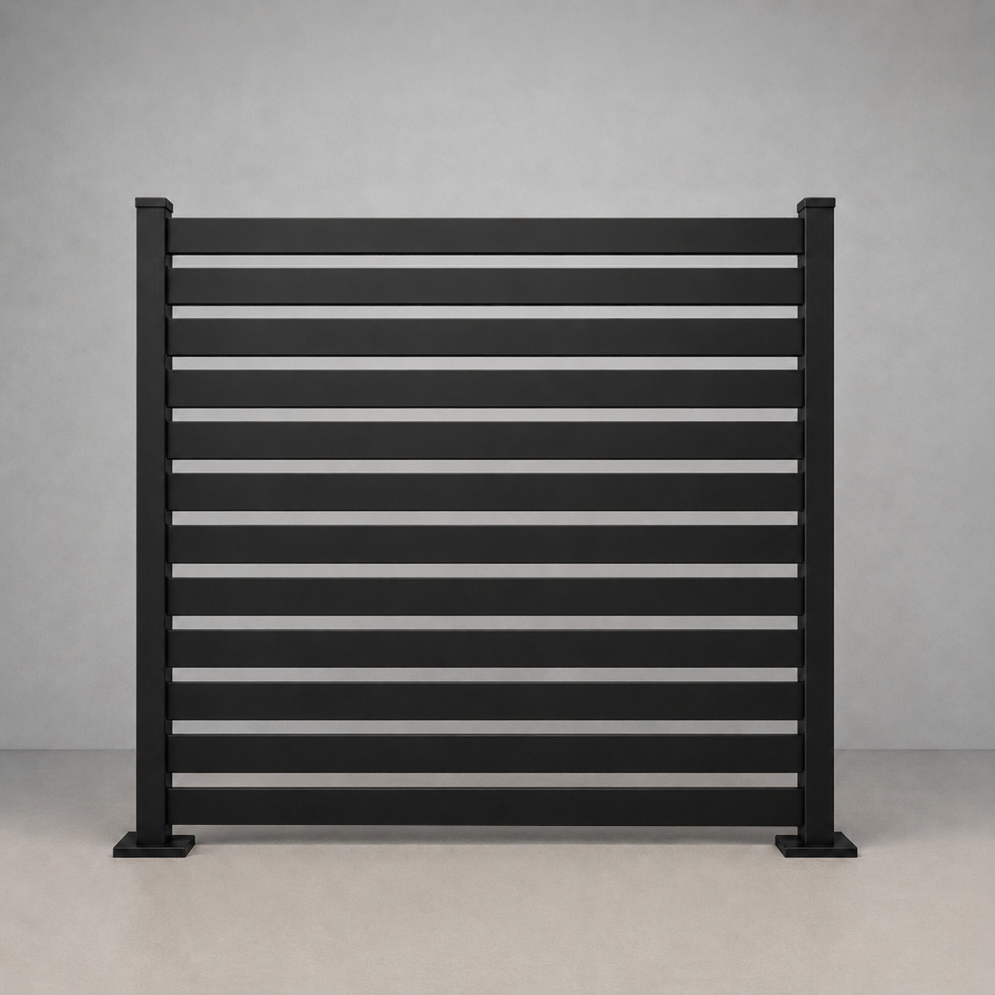Greenwood Fence Euro Slat all aluminum horizontal slat fence with 2 inch openings in matte black, 6ft panel, straight-on product elevation