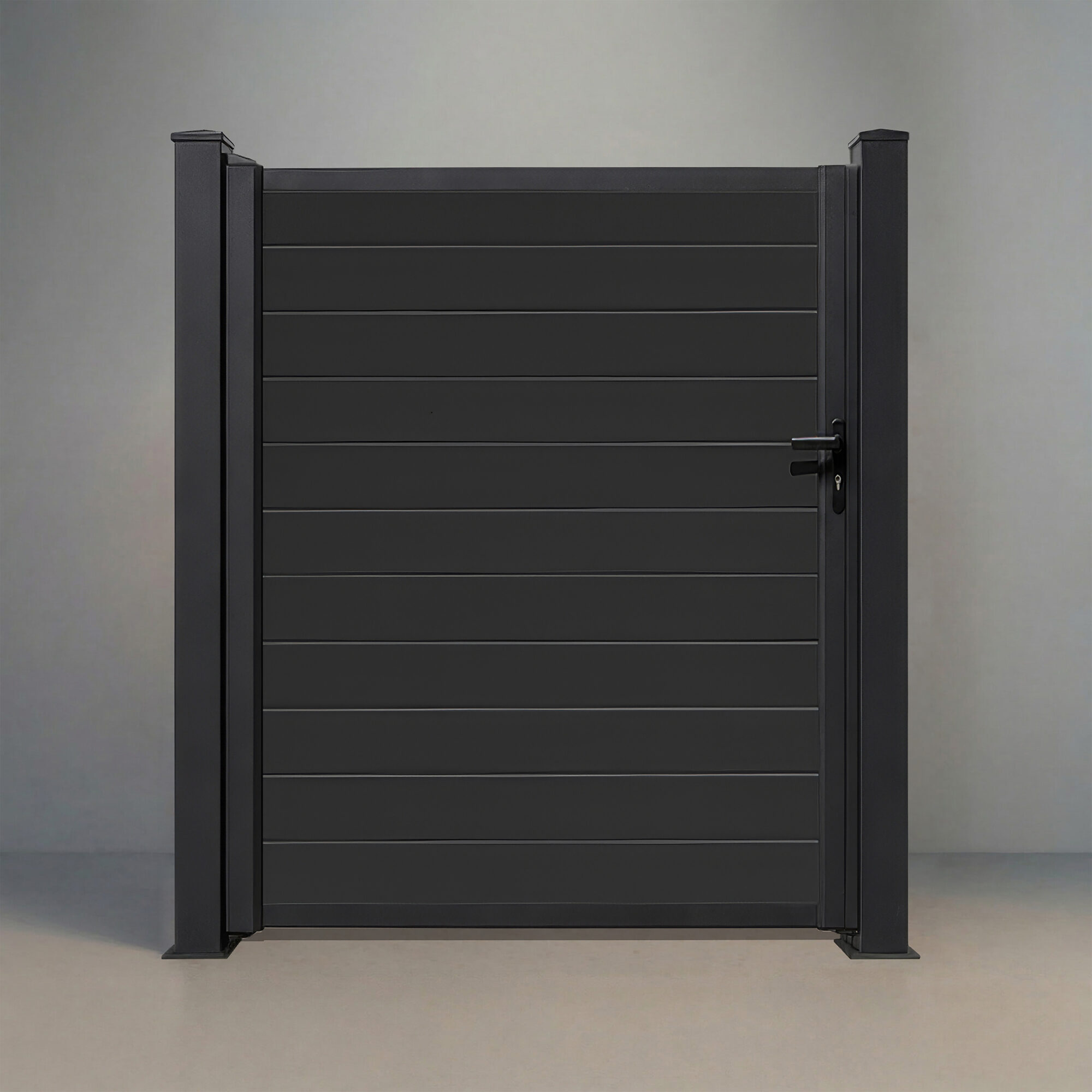 GWF® aluminum single swing gate in Charcoal, horizontal infill boards with a lever handle and lock, hung between two matte black posts, for 4 to 6 foot openings.
