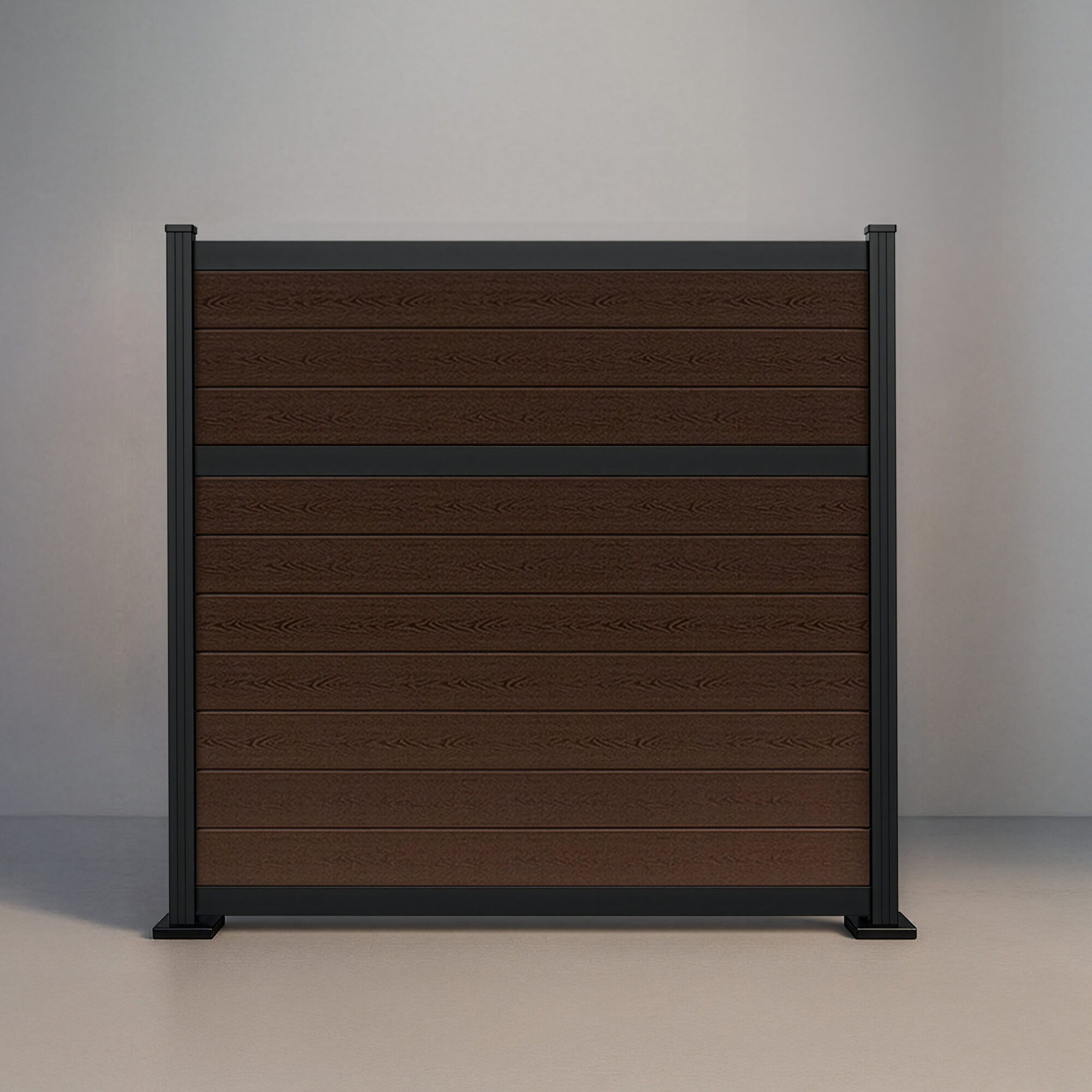 GWF® Classic Deluxe horizontal modular composite fence in Aspen Brown with 6063-T5 aluminum framing and 80mm rail construction.