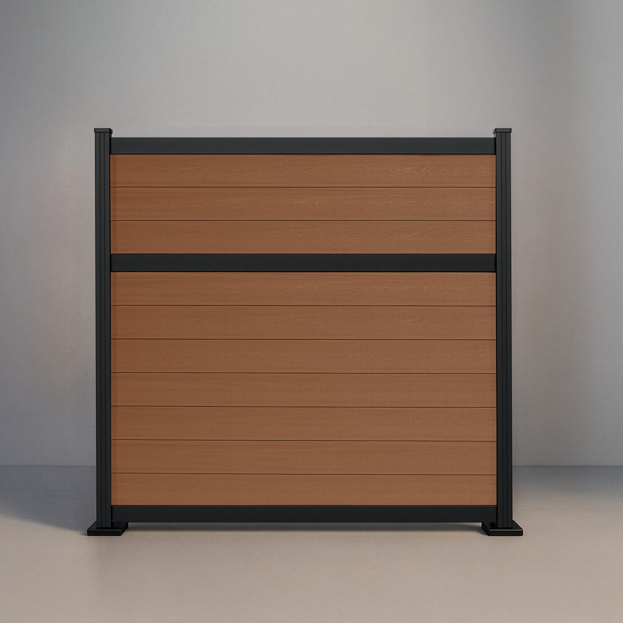 GWF® Classic Deluxe horizontal modular composite fence in Cedar with 6063-T5 aluminum framing and 80mm rail construction.
