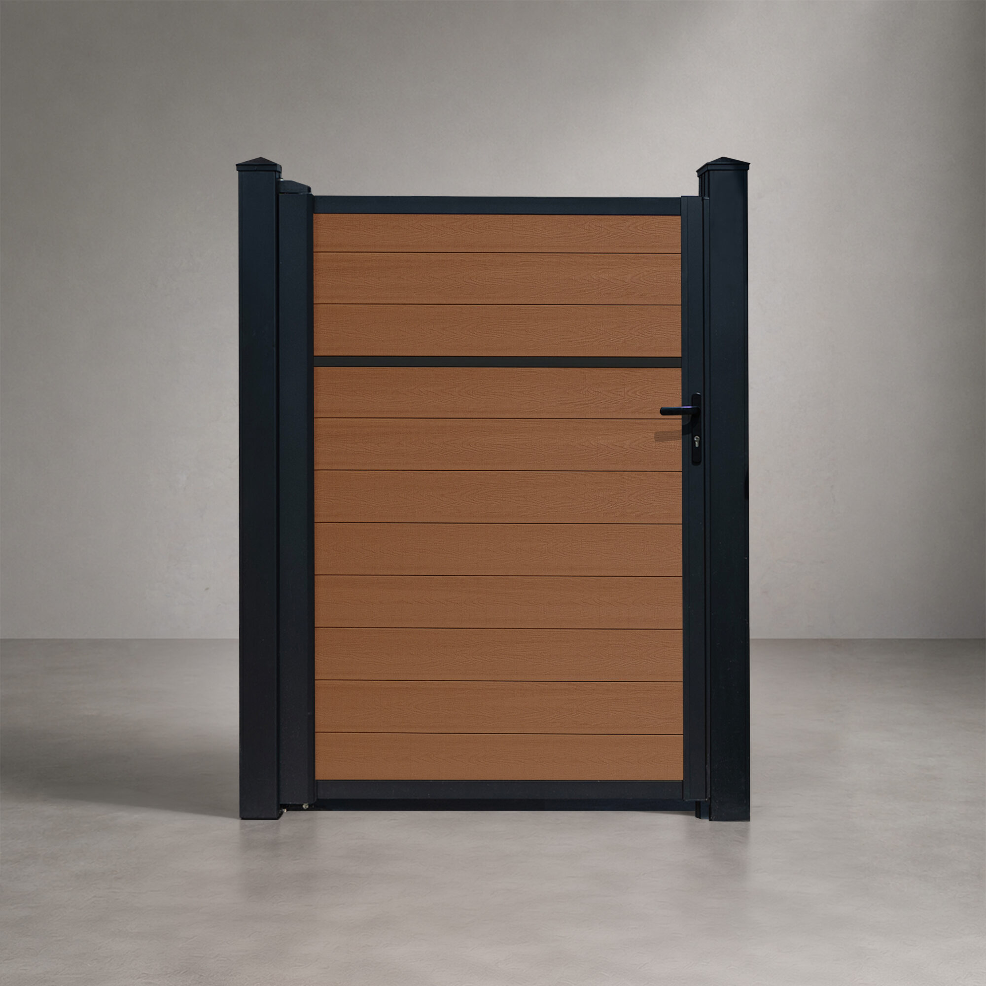 Greenwood Fence Classic Privacy Cedar composite single swing gate with matte black aluminum frame, posts, and hardware