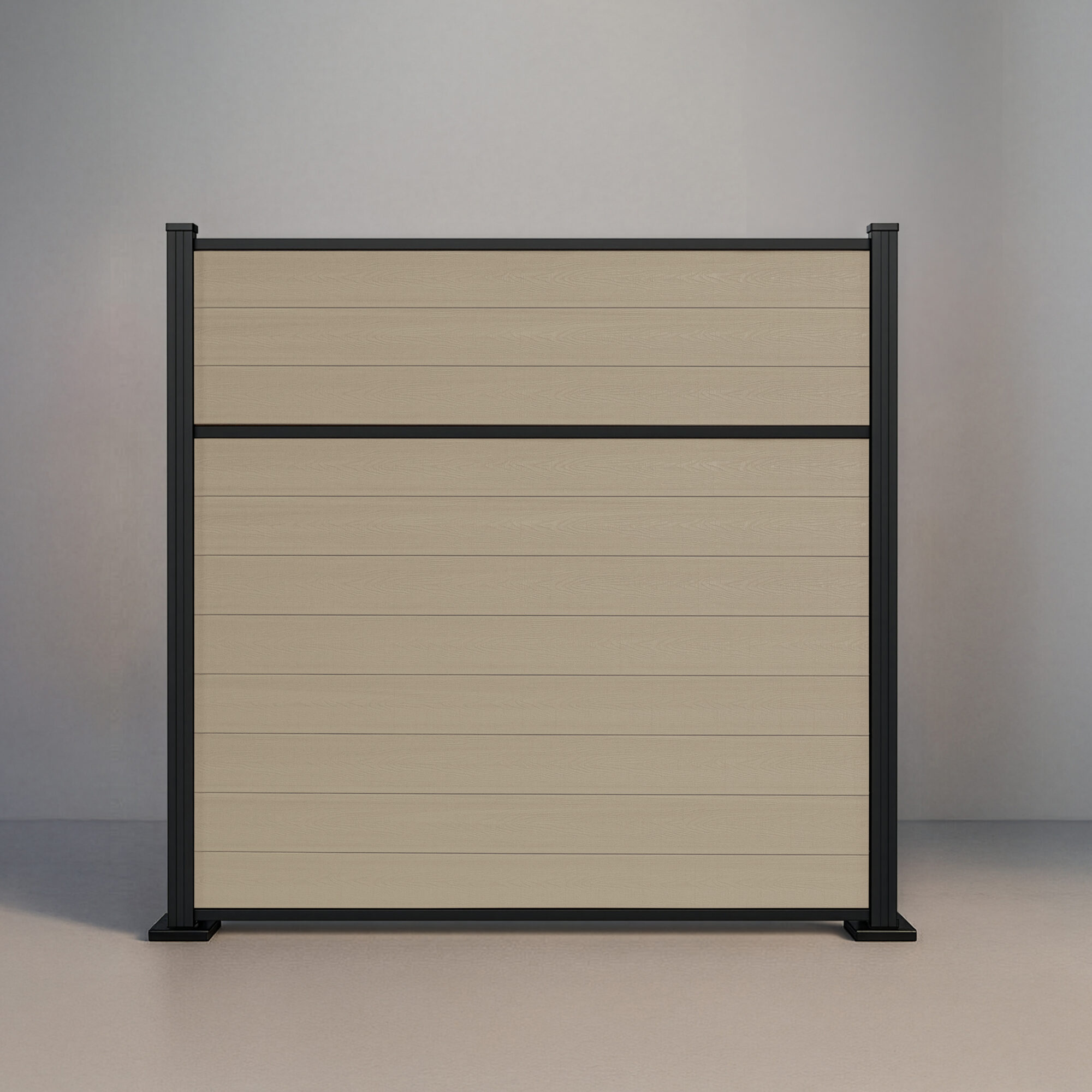 GWF® Classic Privacy horizontal modular composite fence in Sandy Birch with 6063-T5 aluminum framing and signature mid-panel rail.