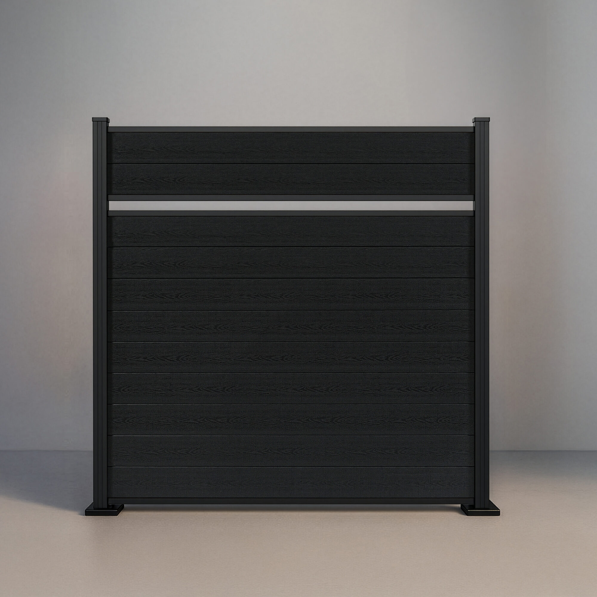 GWF® Classic Semi Privacy horizontal composite fence in Charcoal, eleven dark wood-grain boards in a near-solid face with a single reveal and matte black posts.