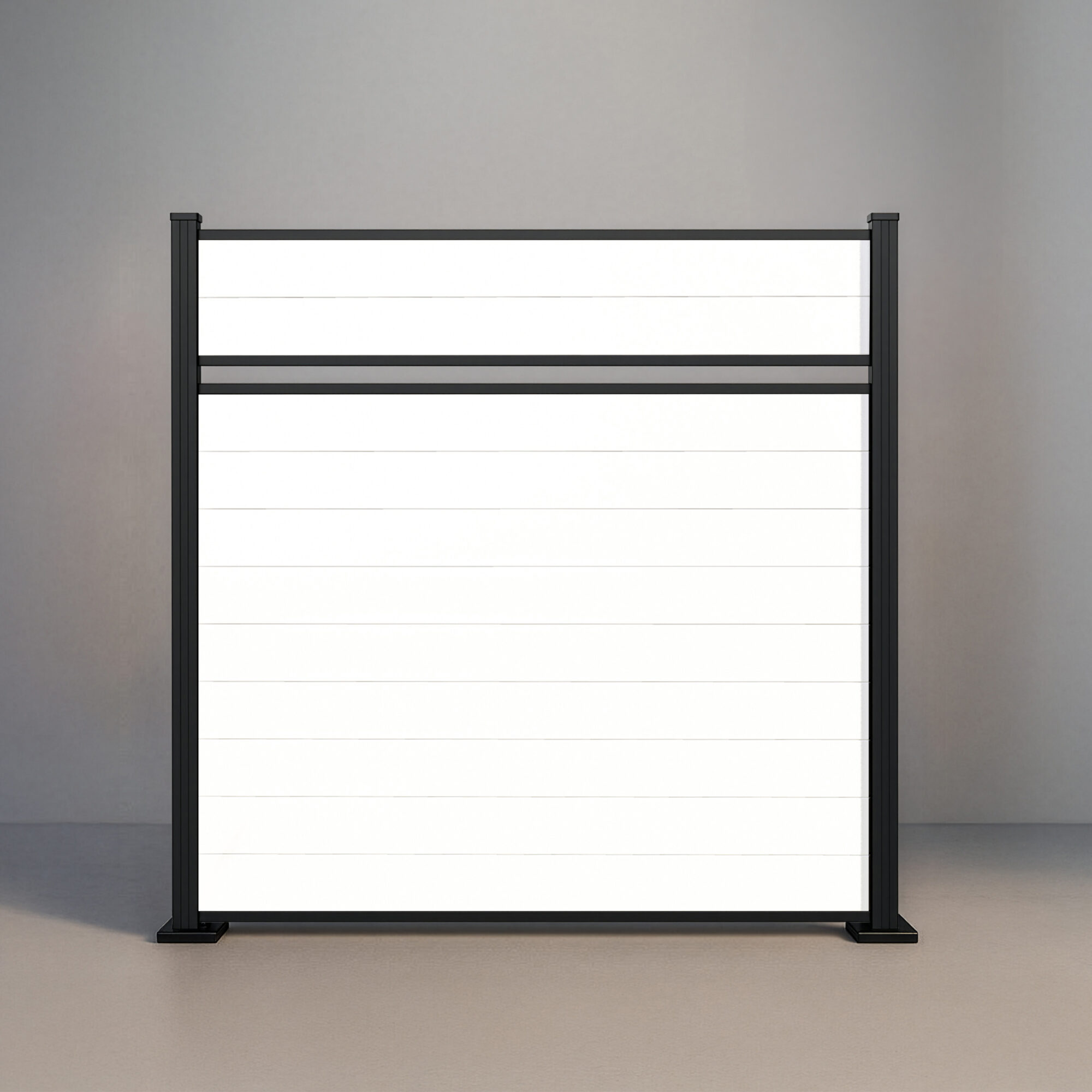 GWF® Classic Semi Privacy horizontal vinyl fence in Mykonian White, eleven smooth boards in a near-solid face with a single reveal and matte black posts.
