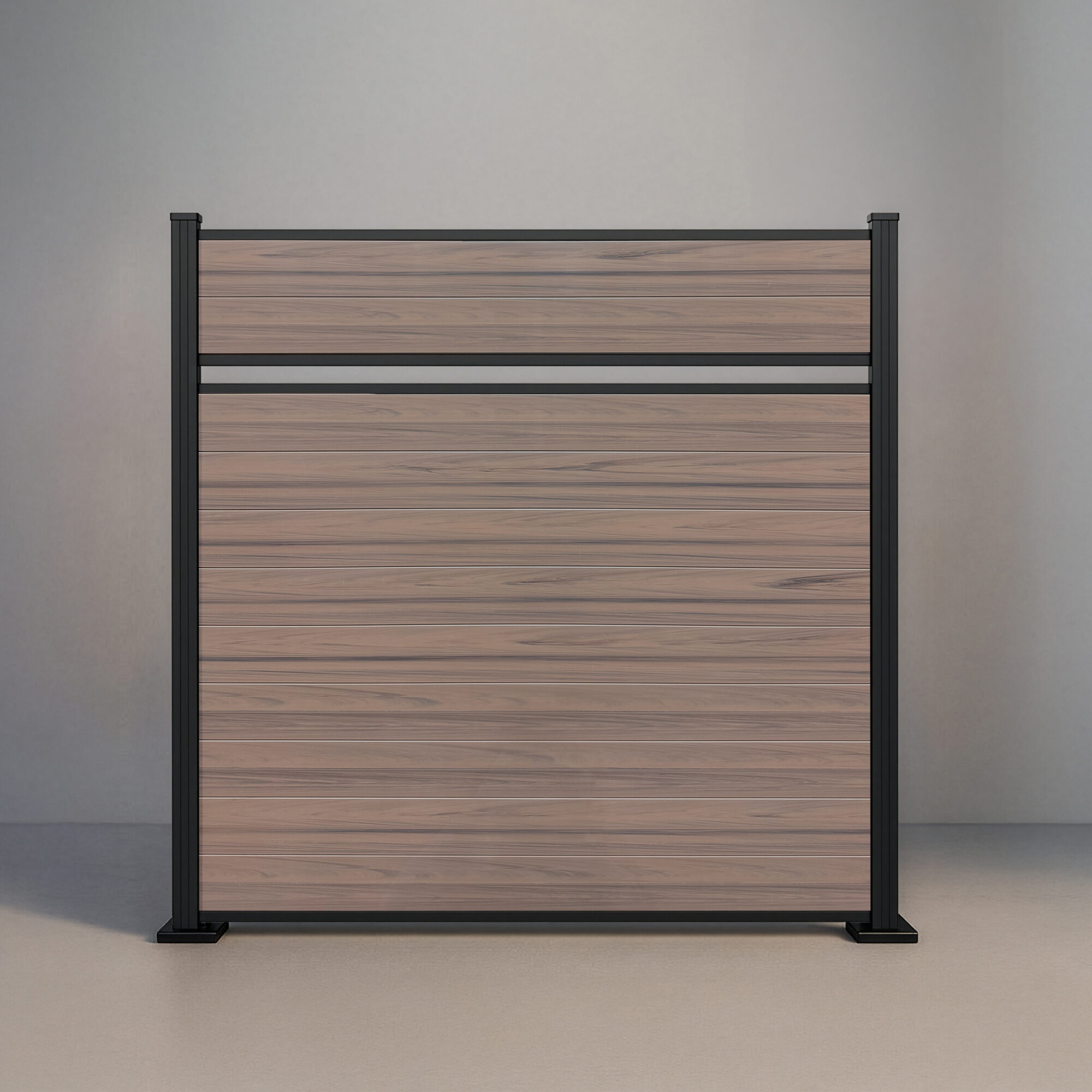 GWF® Classic Semi Privacy horizontal vinyl fence in Woodgrain Walnut, eleven woodgrain boards in a near-solid face with a single reveal and matte black posts.