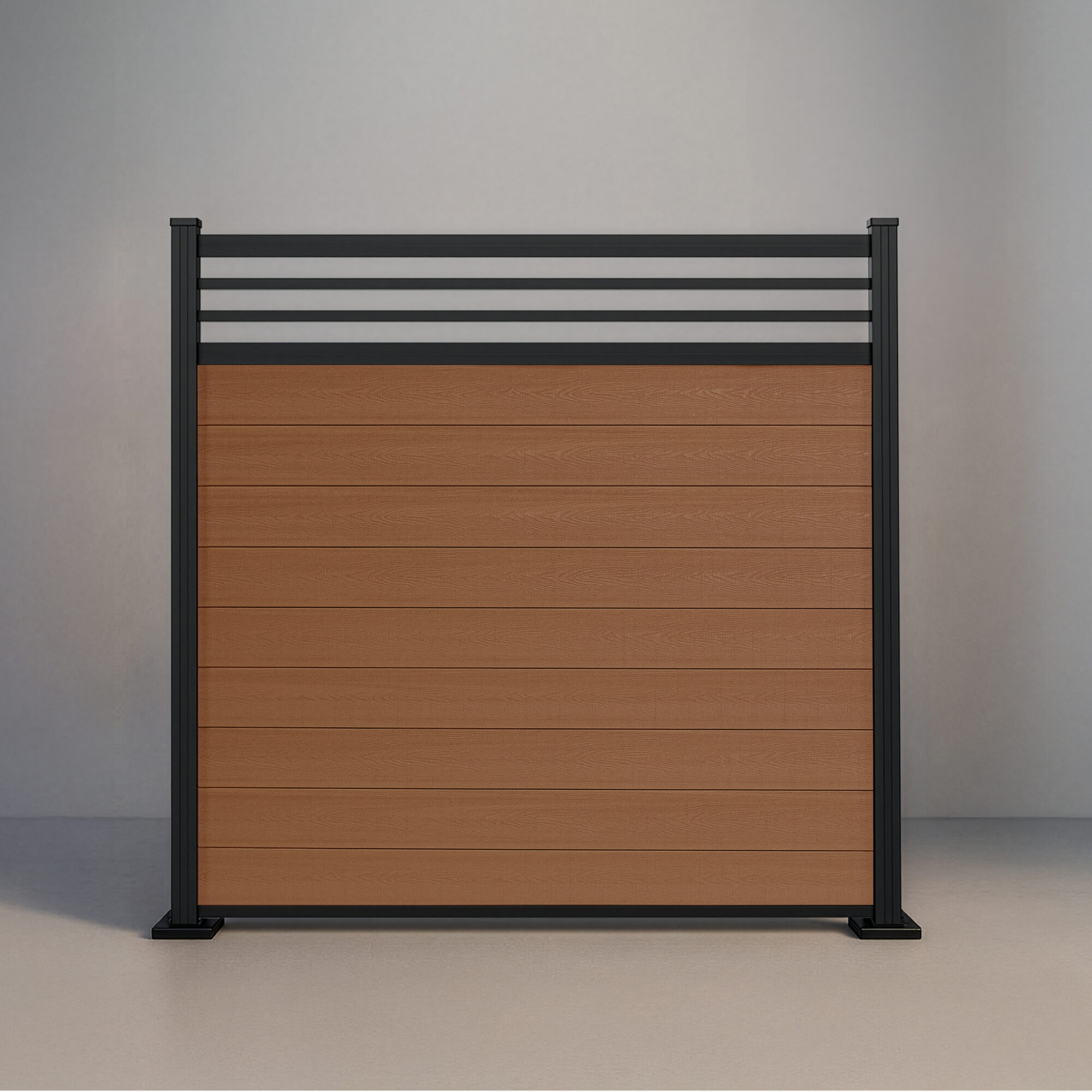 GWF® Classic Trellis horizontal modular composite fence in Cedar with 6063-T5 aluminum framing and architectural trellis crown.