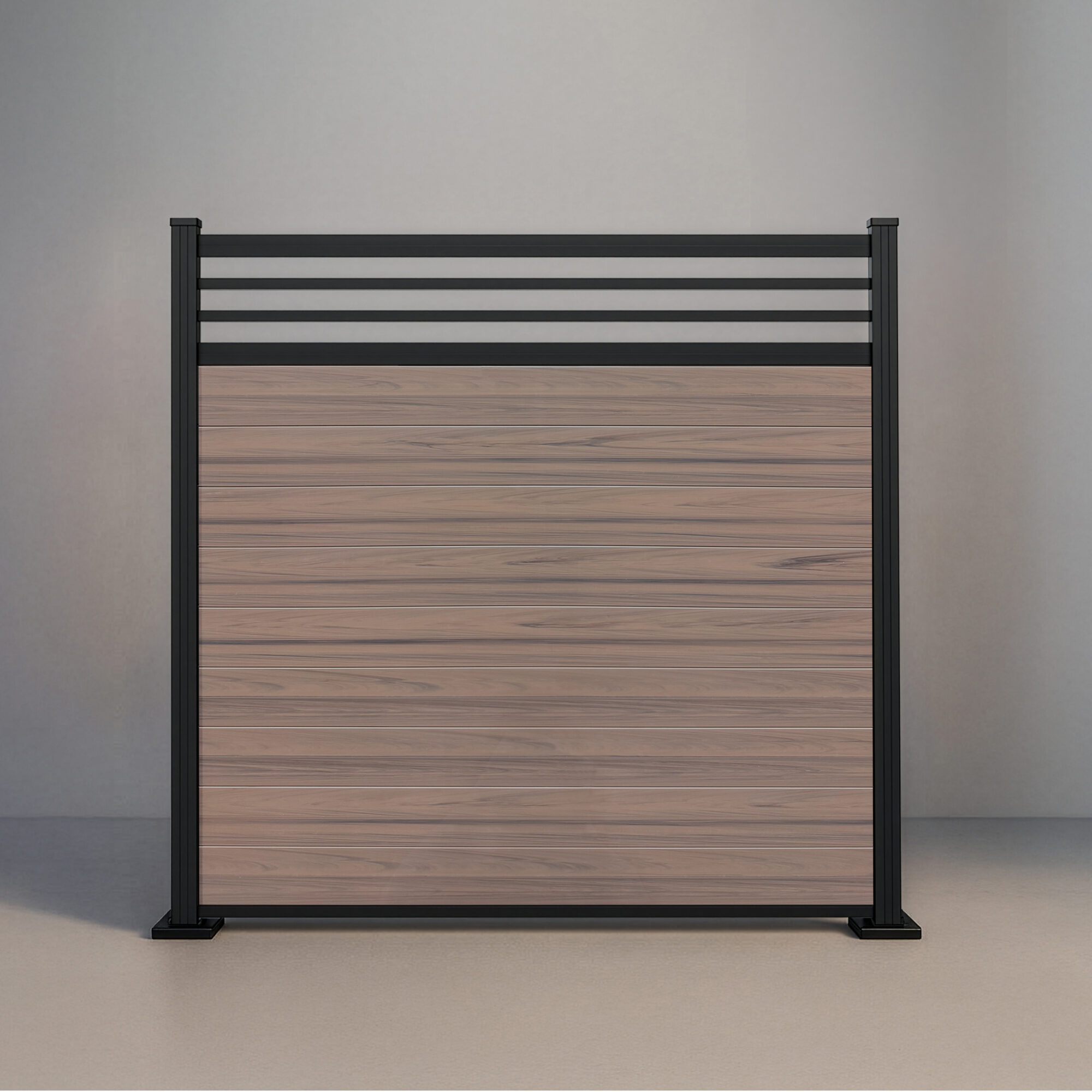 GWF® Classic Trellis horizontal vinyl fence in Woodgrain Walnut, nine woodgrain boards beneath an architectural trellis crown on a 6063-T5 aluminum frame.