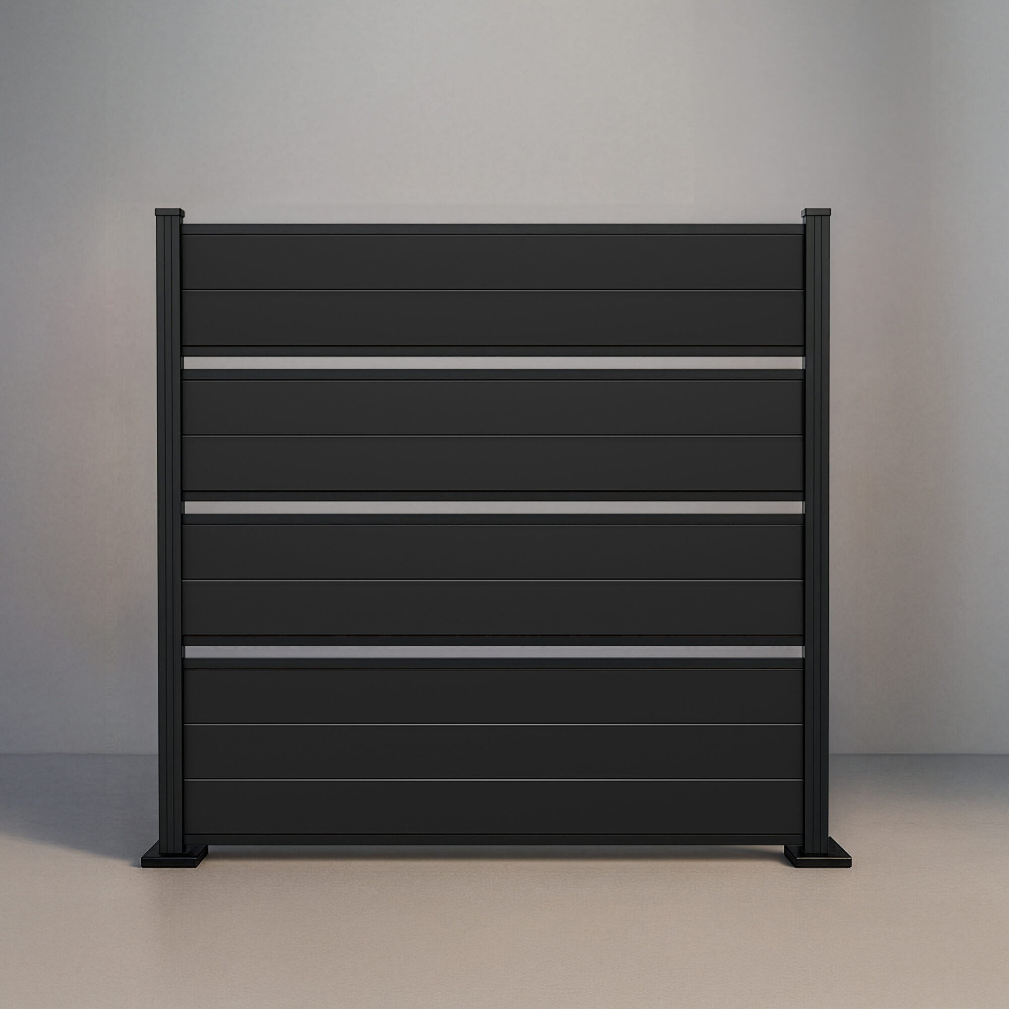 GWF® Deluxe Semi Privacy horizontal aluminum fence in Matte Black, nine boards in framed groups with open airflow gaps and a unified powder-coat finish.