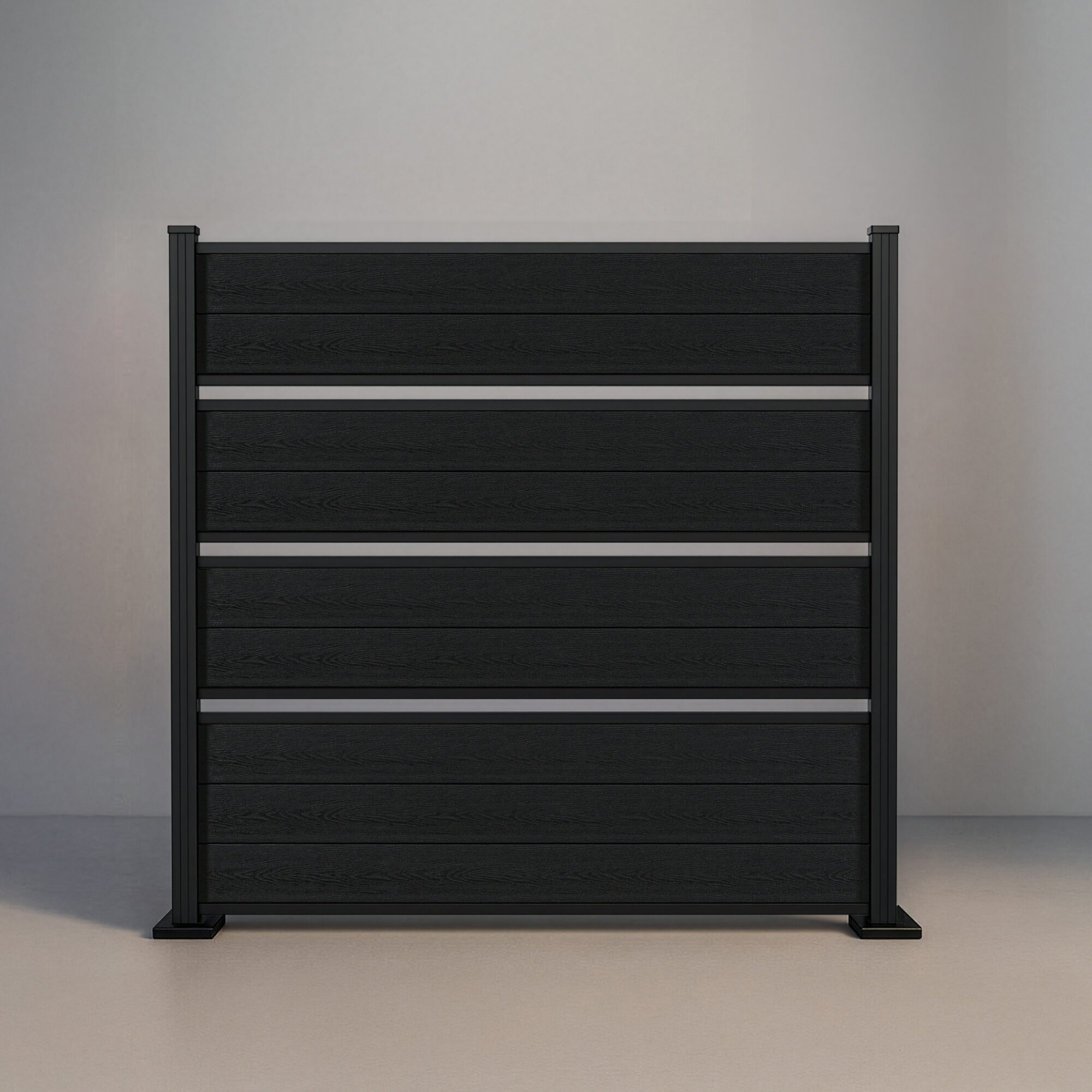 GWF® Deluxe Semi Privacy horizontal composite fence in Charcoal, nine dark wood-grain boards in framed groups with open airflow gaps and matte black posts.