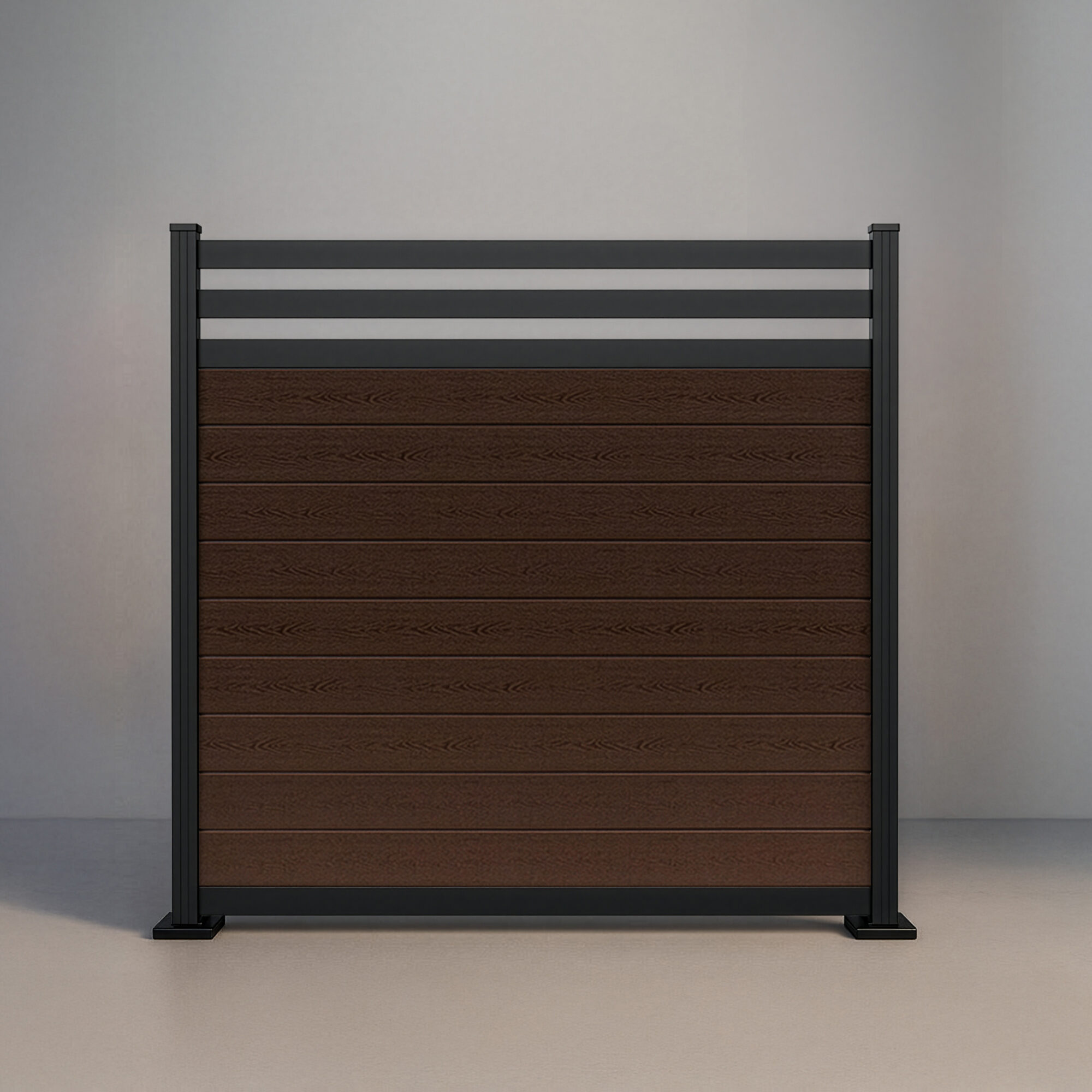 GWF® Deluxe Trellis horizontal composite fence in Aspen Brown, nine tongue-and-groove boards beneath an 80mm twin-slat trellis crown on a 6063-T5 aluminum frame.