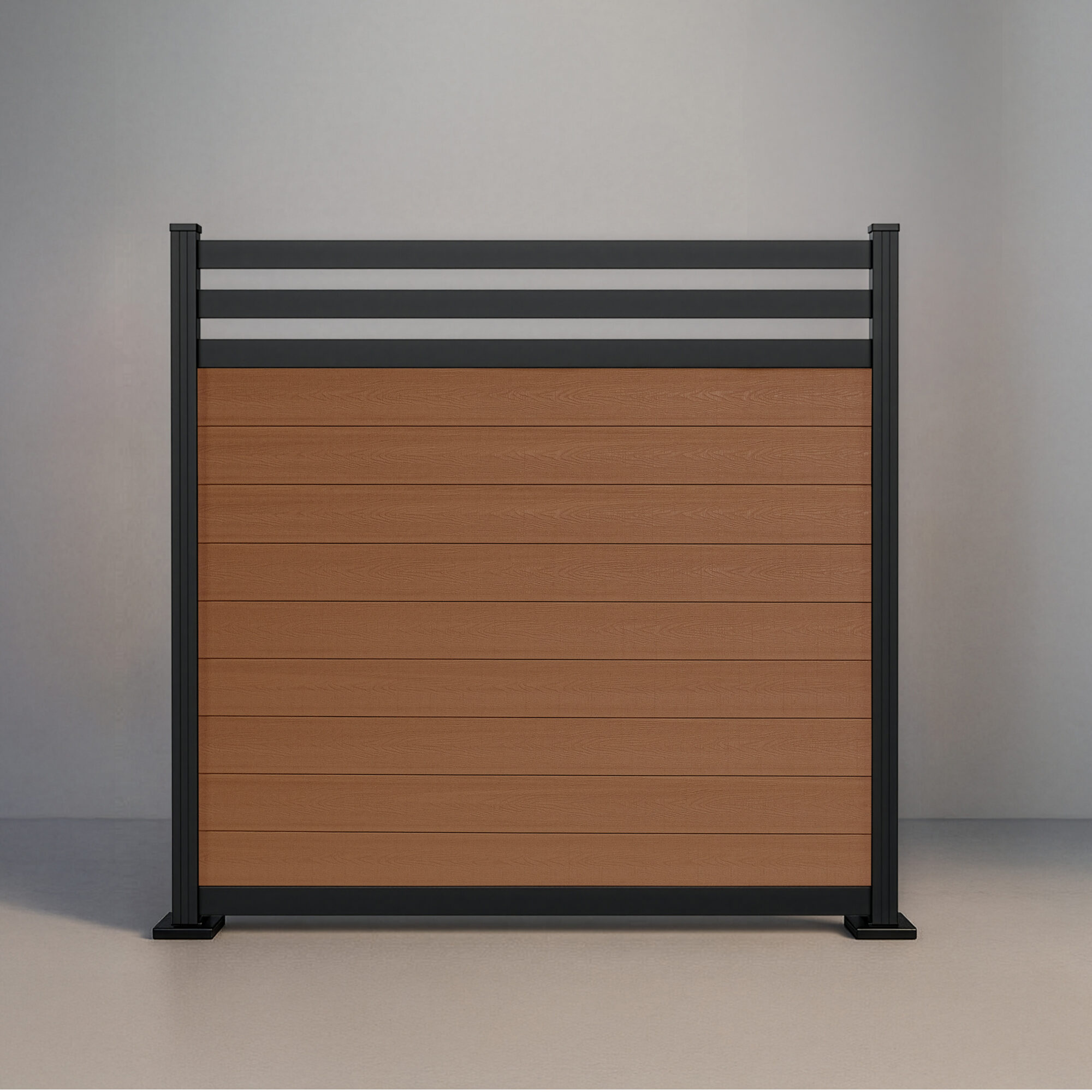 GWF® Deluxe Trellis horizontal composite fence in Cedar, nine embossed wood-grain boards below a twin 80mm trellis crown on a 6063-T5 aluminum frame.