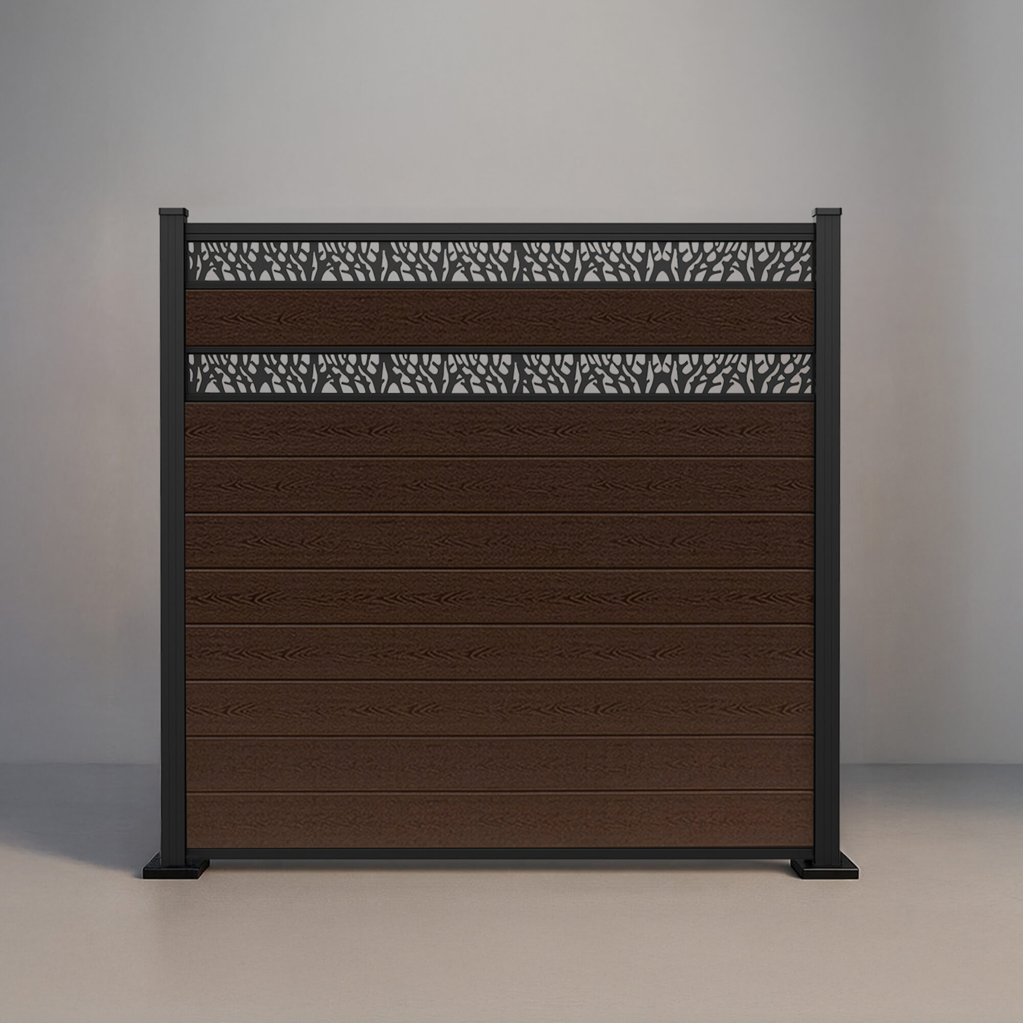GWF® Double Ornamental Lattice horizontal composite fence in Aspen Brown, nine tongue-and-groove boards with two matte black laser-cut aluminum lattice bands on a 6063-T5 frame.