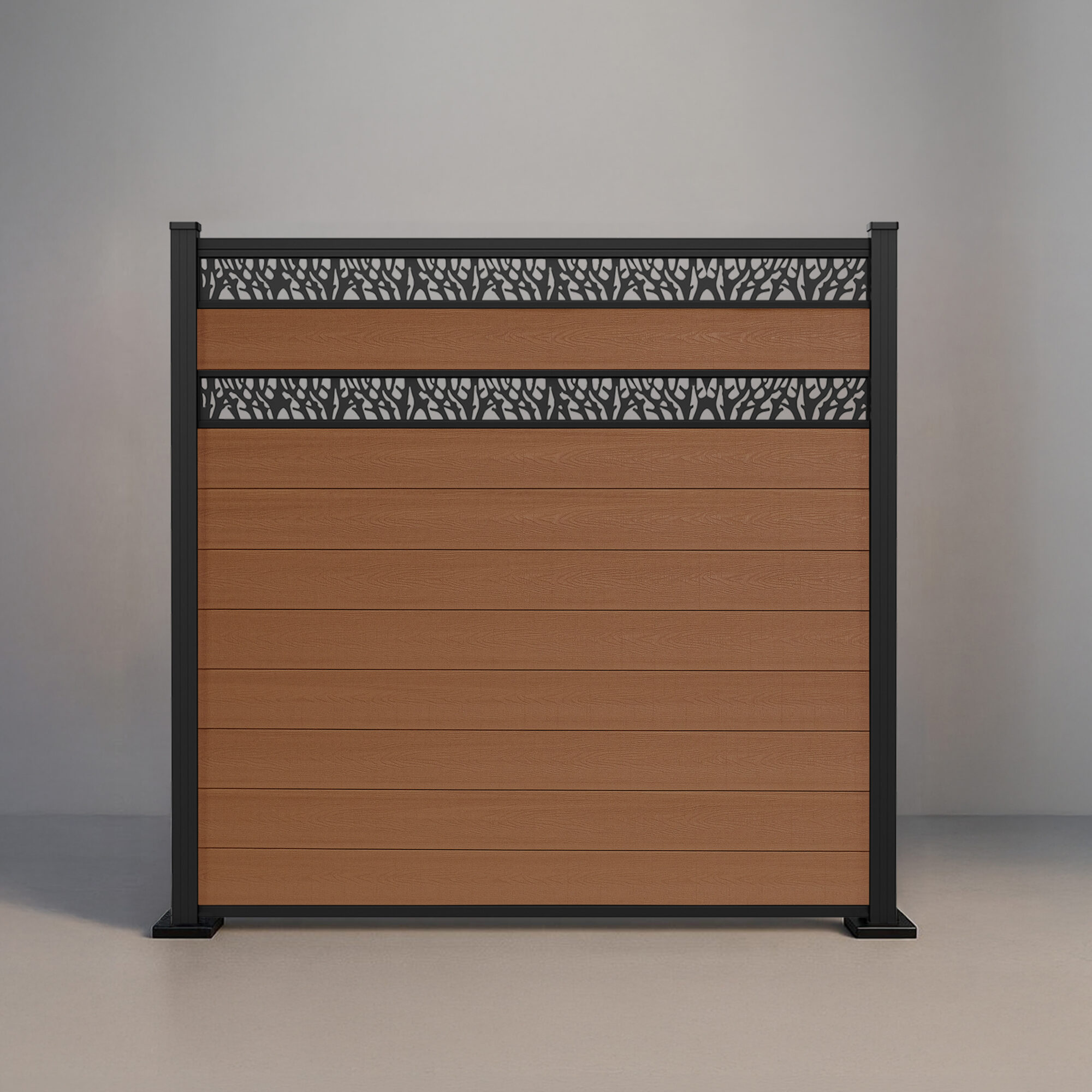 GWF® Double Ornamental Lattice horizontal composite fence in Cedar, nine embossed wood-grain boards with two matte black laser-cut aluminum lattice bands on a 6063-T5 frame.