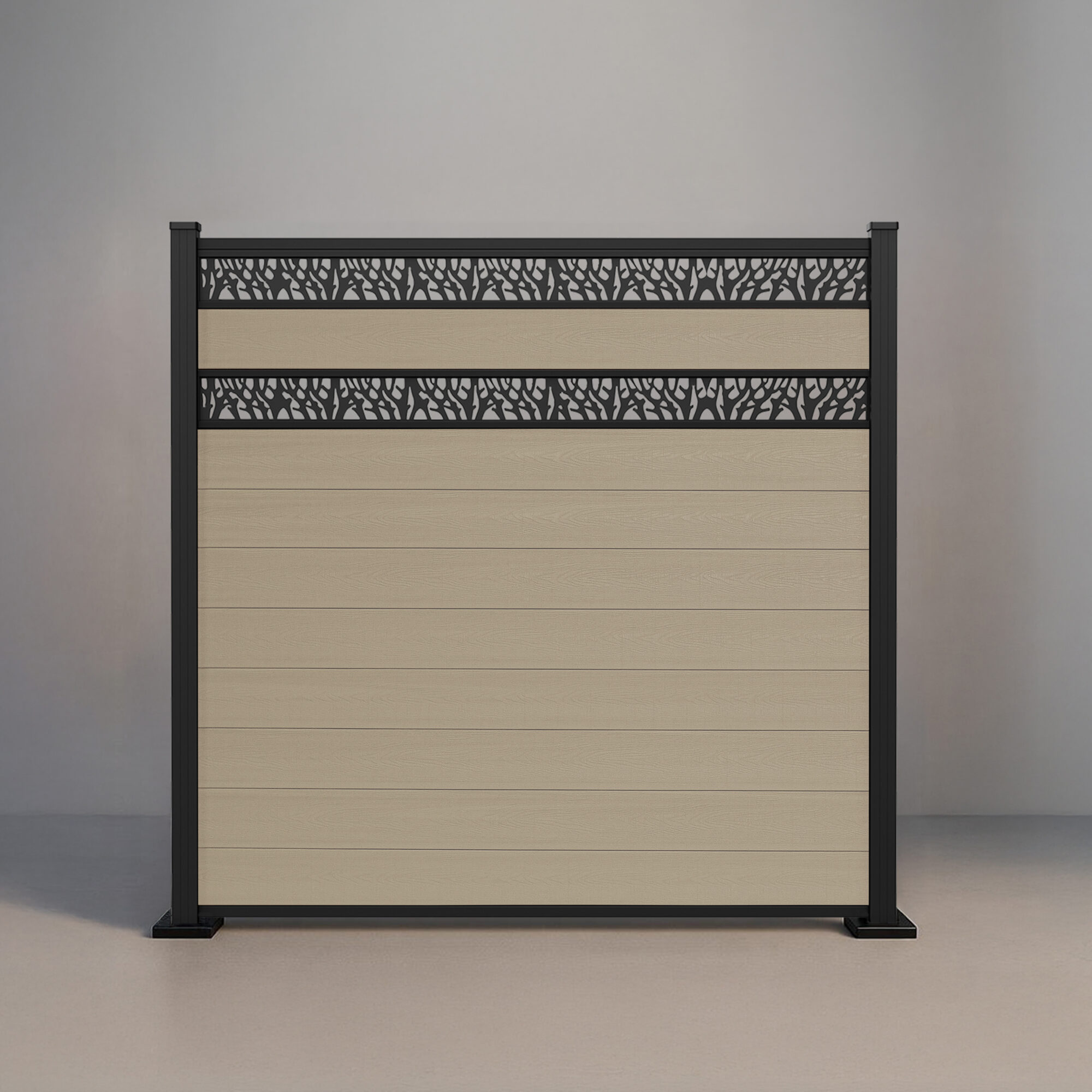 GWF® Double Ornamental Lattice horizontal composite fence in Sandy Birch, nine embossed wood-grain boards with two matte black laser-cut aluminum lattice bands on a 6063-T5 frame.
