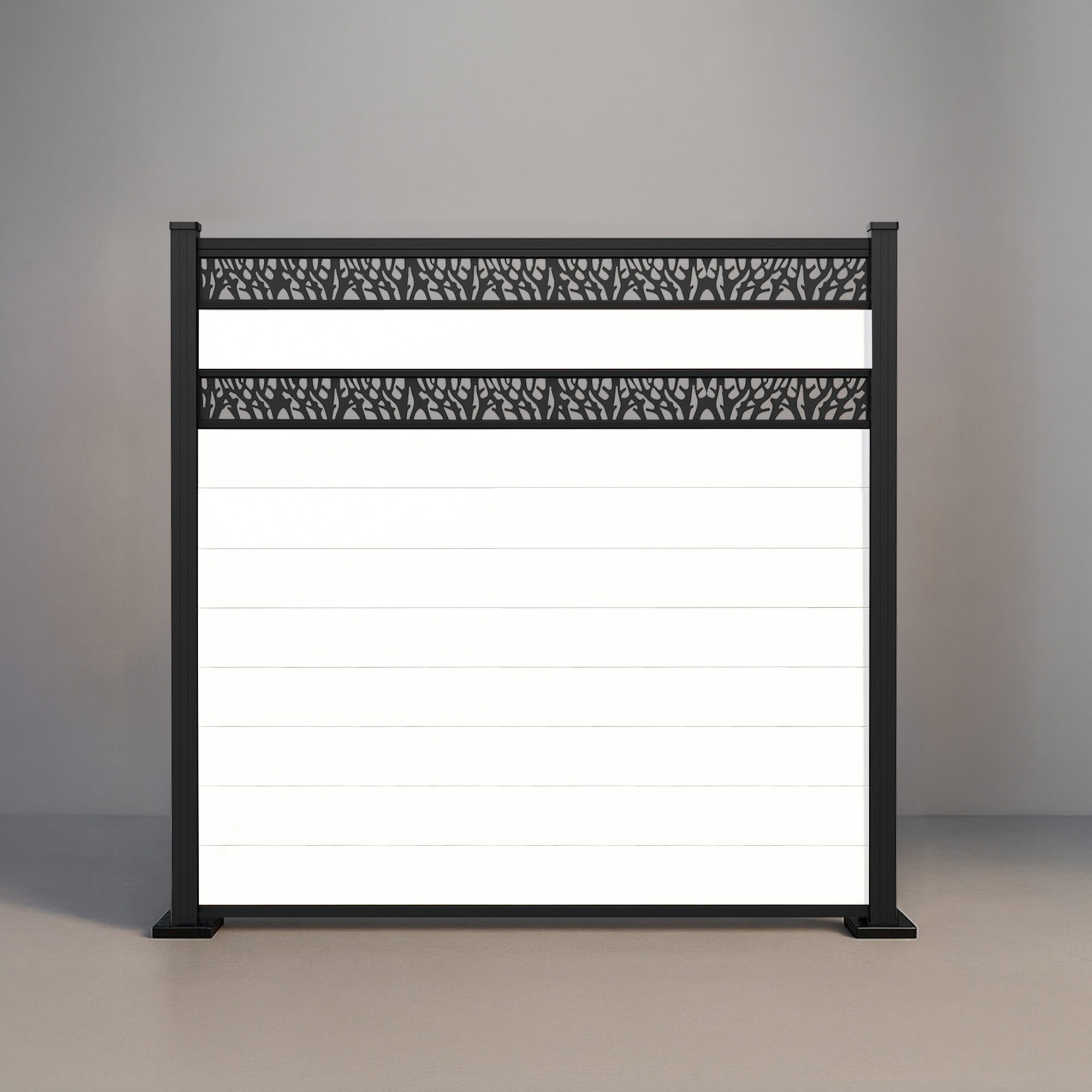 GWF® Double Ornamental Lattice horizontal vinyl fence in Mykonian White, nine smooth boards with two matte black laser-cut aluminum lattice bands on a 6063-T5 frame.