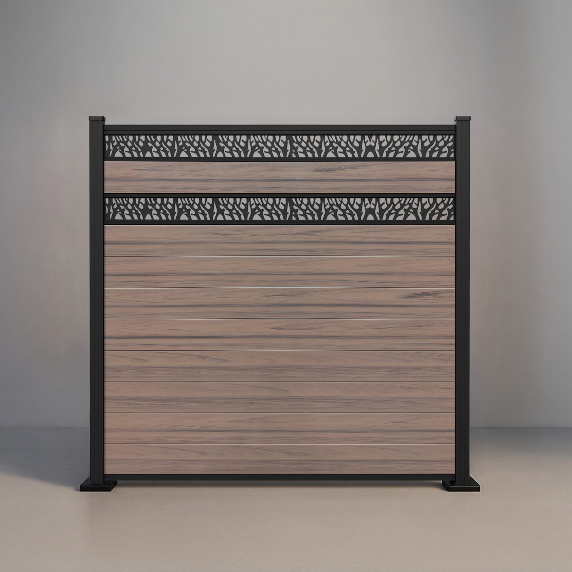 GWF® Double Ornamental Lattice horizontal vinyl fence in Woodgrain Walnut, nine woodgrain boards with two matte black laser-cut aluminum lattice bands.