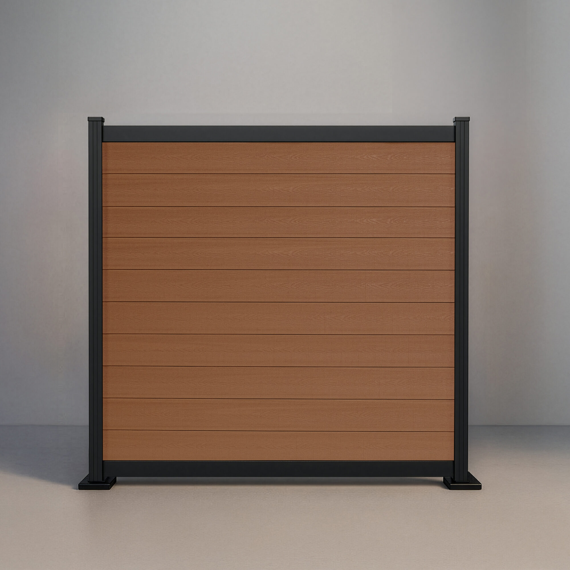 GWF® Elite Deluxe horizontal modular composite fence in Cedar with 6063-T5 aluminum framing and 80mm rail reveal.