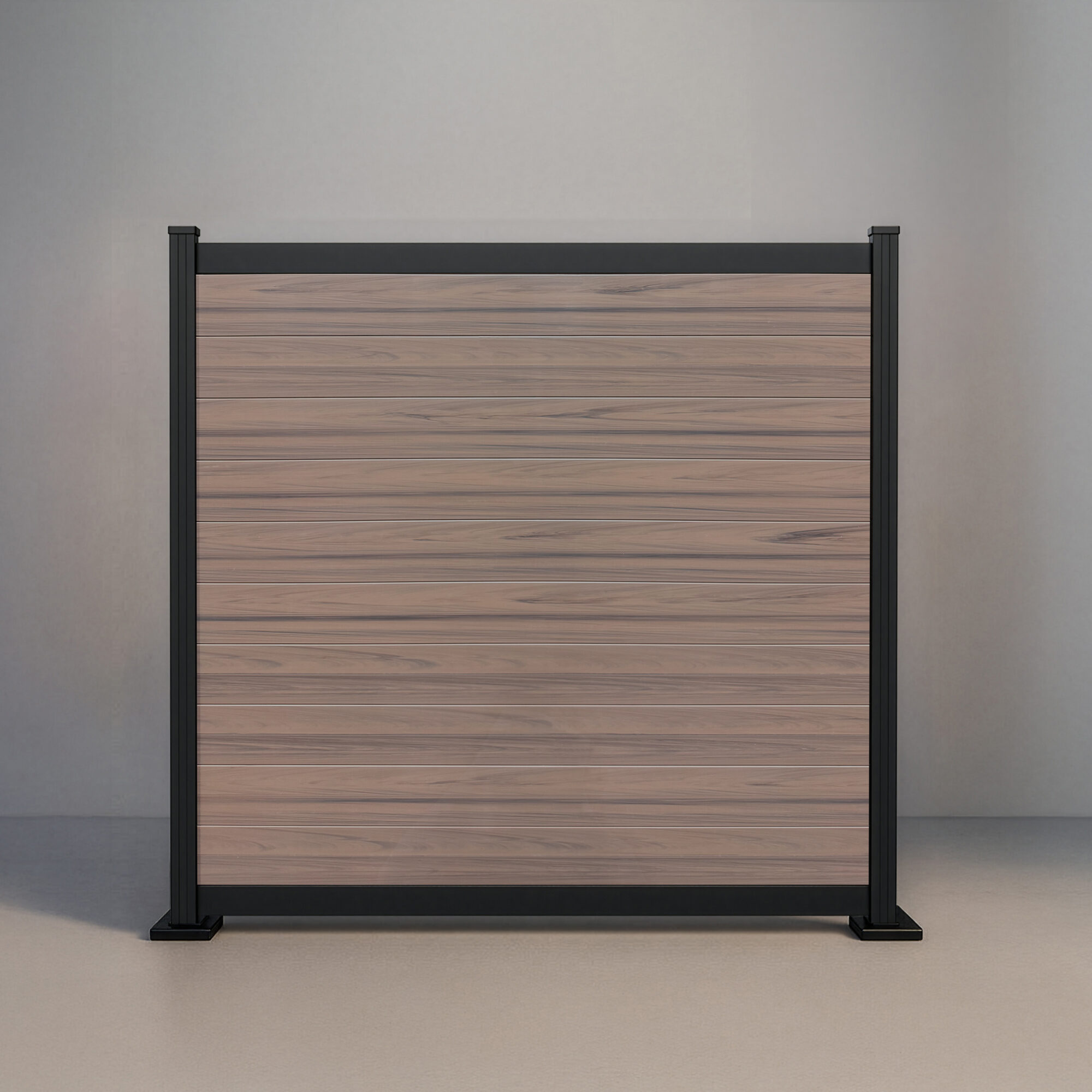 GWF® Elite Deluxe horizontal vinyl fence in Woodgrain Walnut, ten solid woodgrain boards framed by bold 80mm rails on a 6063-T5 aluminum frame.