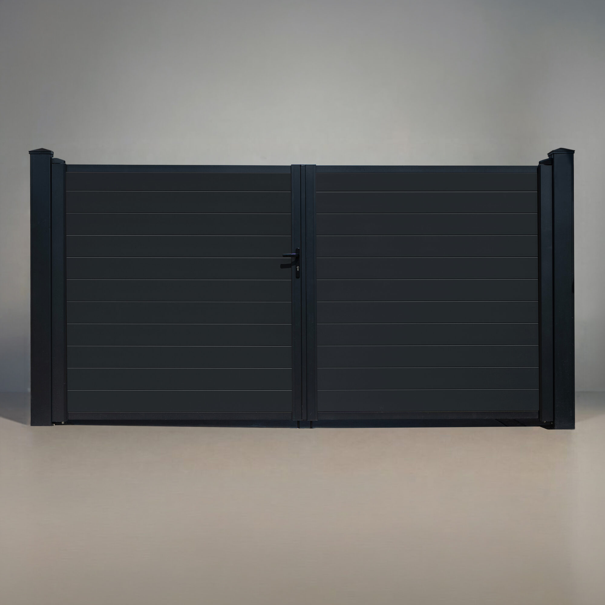 GWF® Elite Privacy modular aluminum double swing gate in matte black, frame, posts, and horizontal slat board infill in one uniform finish, studio front view