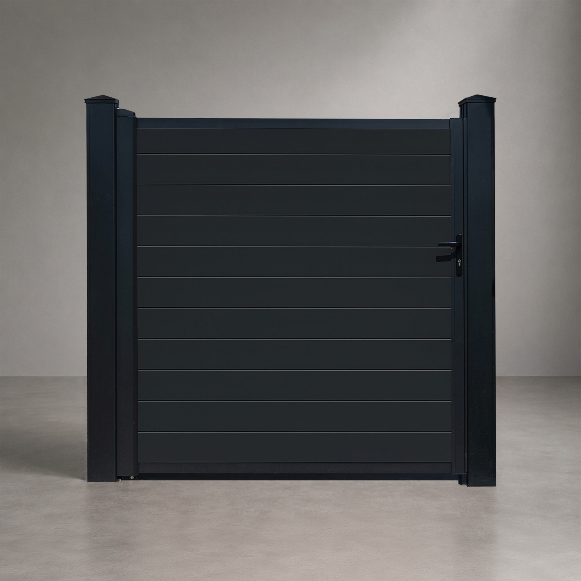 GWF® Elite Privacy modular aluminum single swing gate in matte black, frame, posts, and horizontal slat board infill in one uniform finish, studio front view