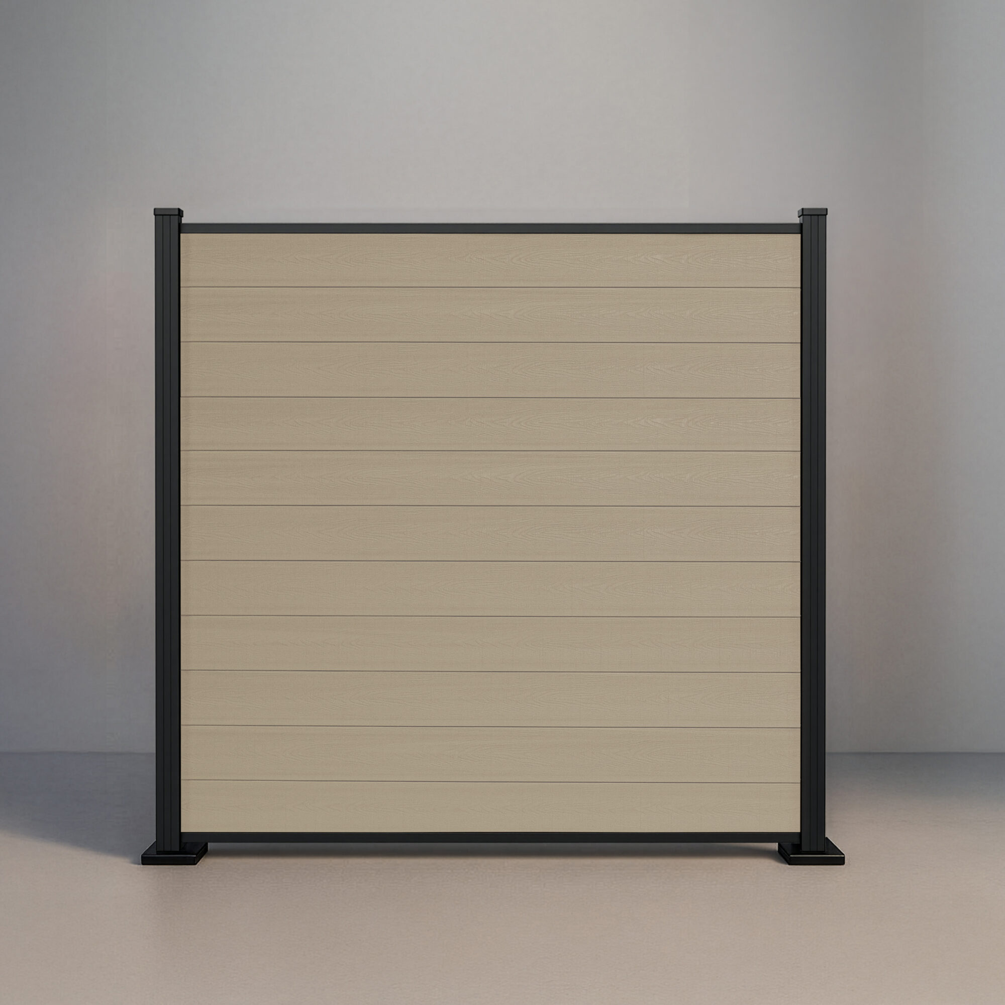 GWF® Elite Privacy horizontal modular composite fence in Sandy Birch with 6063-T5 aluminum framing and 30mm rail reveal.