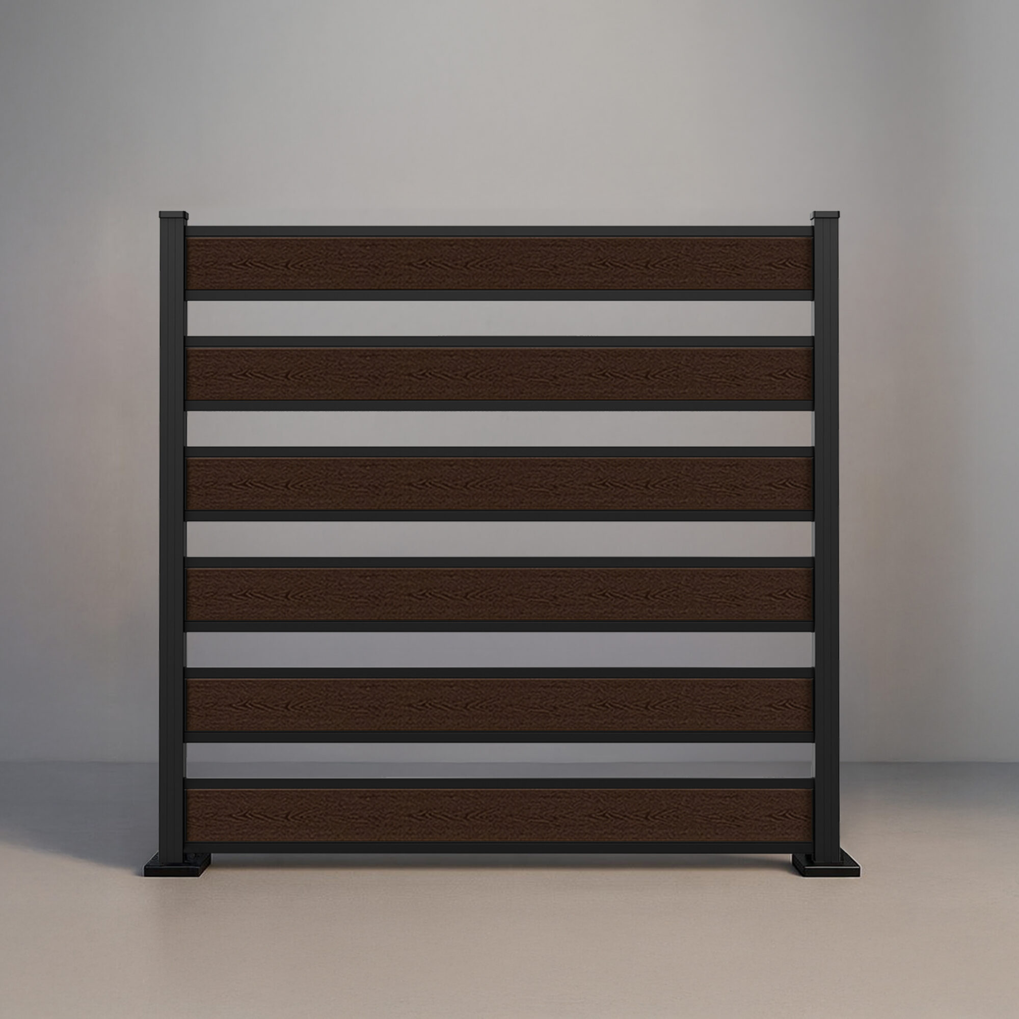 GWF® Horizontal Picket composite fence in Aspen Brown, six tongue-and-groove boards with open 4 inch spacing on a 6063-T5 aluminum frame.