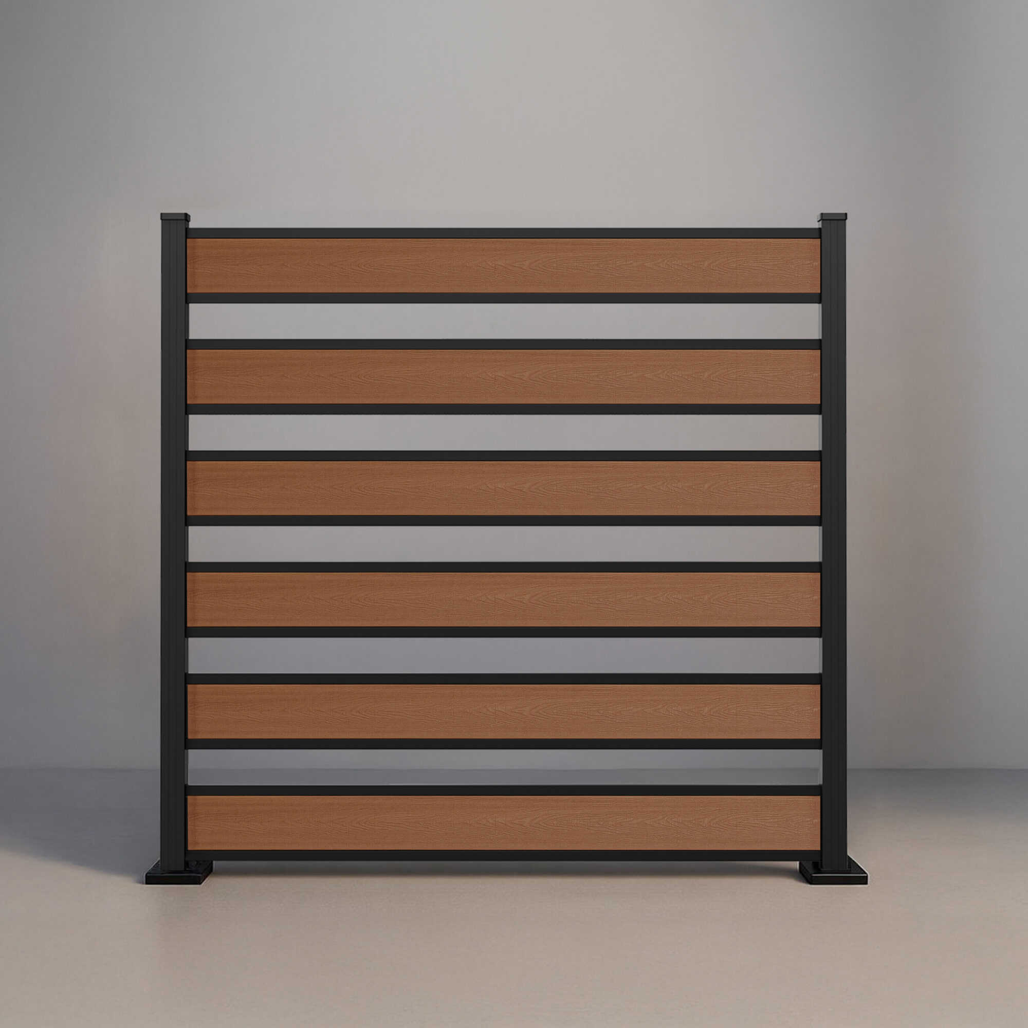 GWF® Horizontal Picket composite fence in Cedar, six embossed wood-grain boards with open 4 inch spacing on a 6063-T5 aluminum frame.