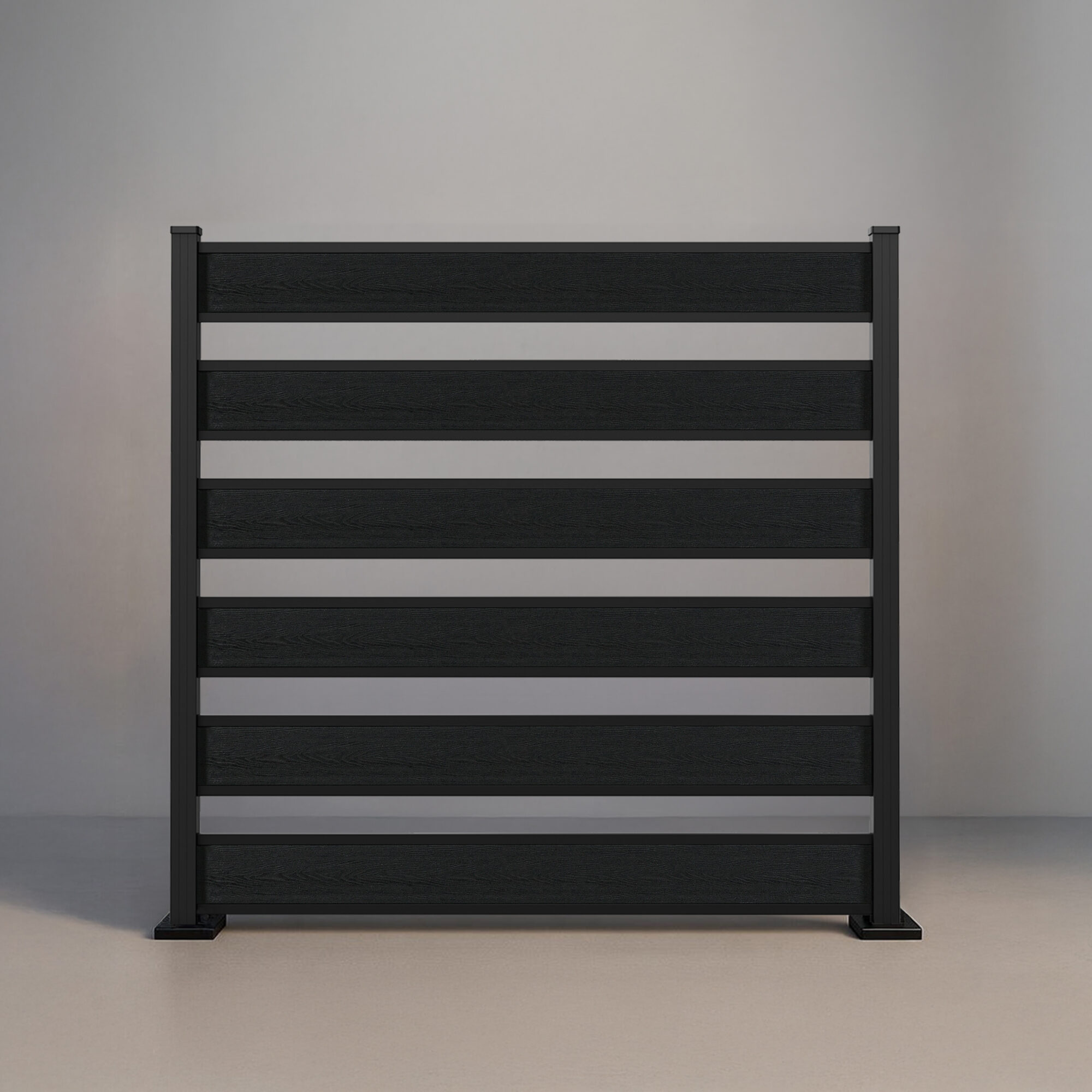 GWF® Horizontal Picket composite fence in Charcoal, six tongue-and-groove boards with open 4 inch spacing on a 6063-T5 aluminum frame.