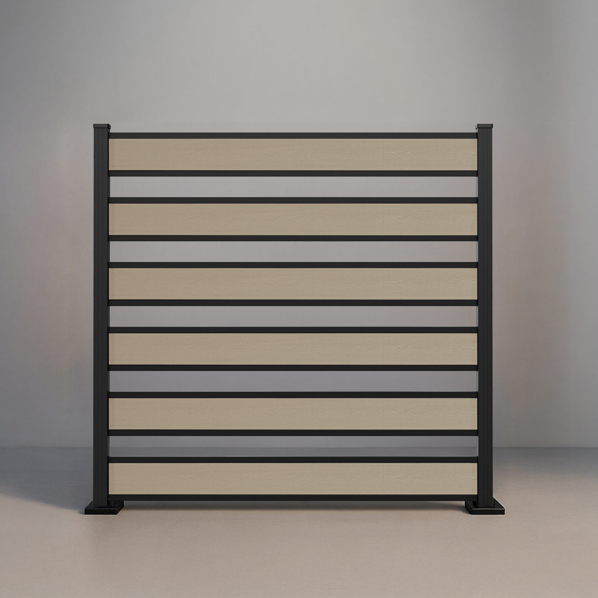 GWF® Horizontal Picket composite fence in Sandy Birch, six embossed wood-grain boards with open 4 inch spacing on a 6063-T5 aluminum frame.