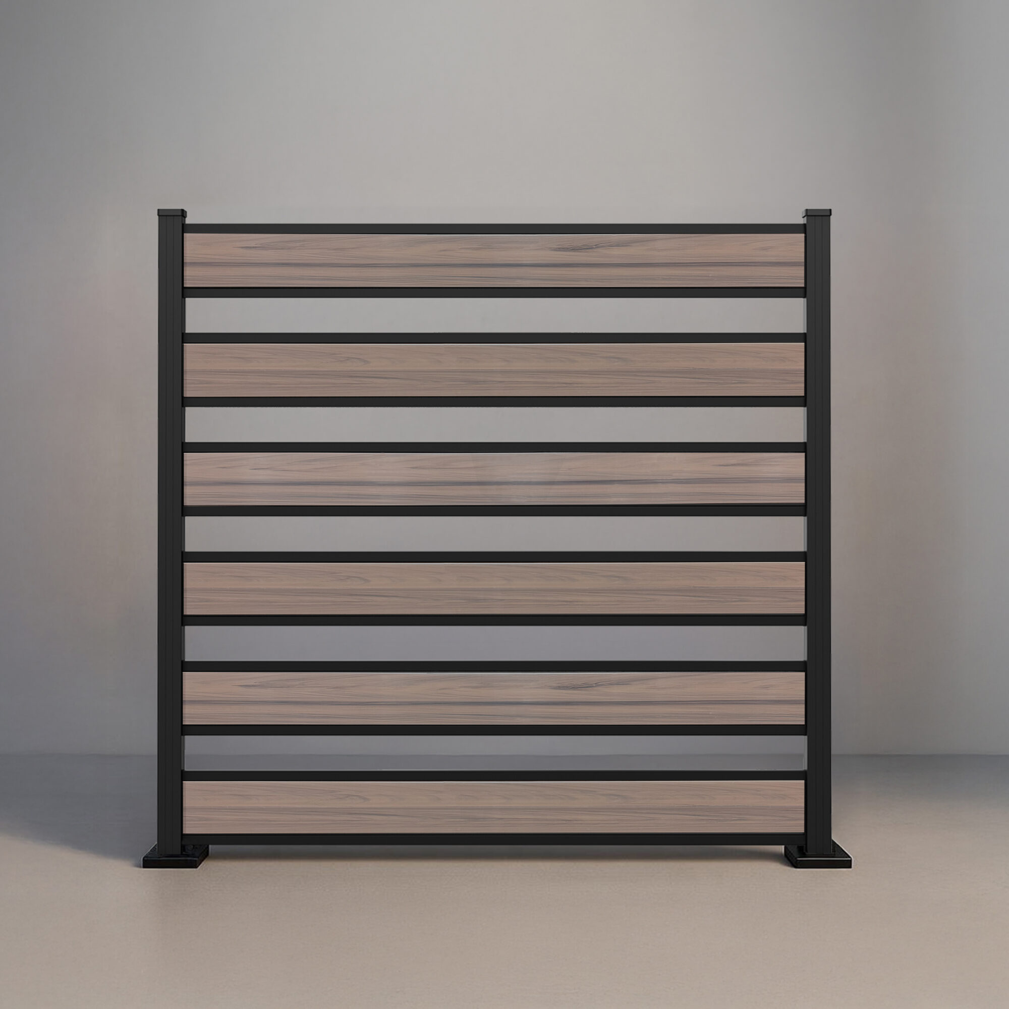 GWF® Horizontal Picket vinyl fence in Woodgrain Walnut, six woodgrain boards with open 4 inch spacing on a 6063-T5 aluminum frame.