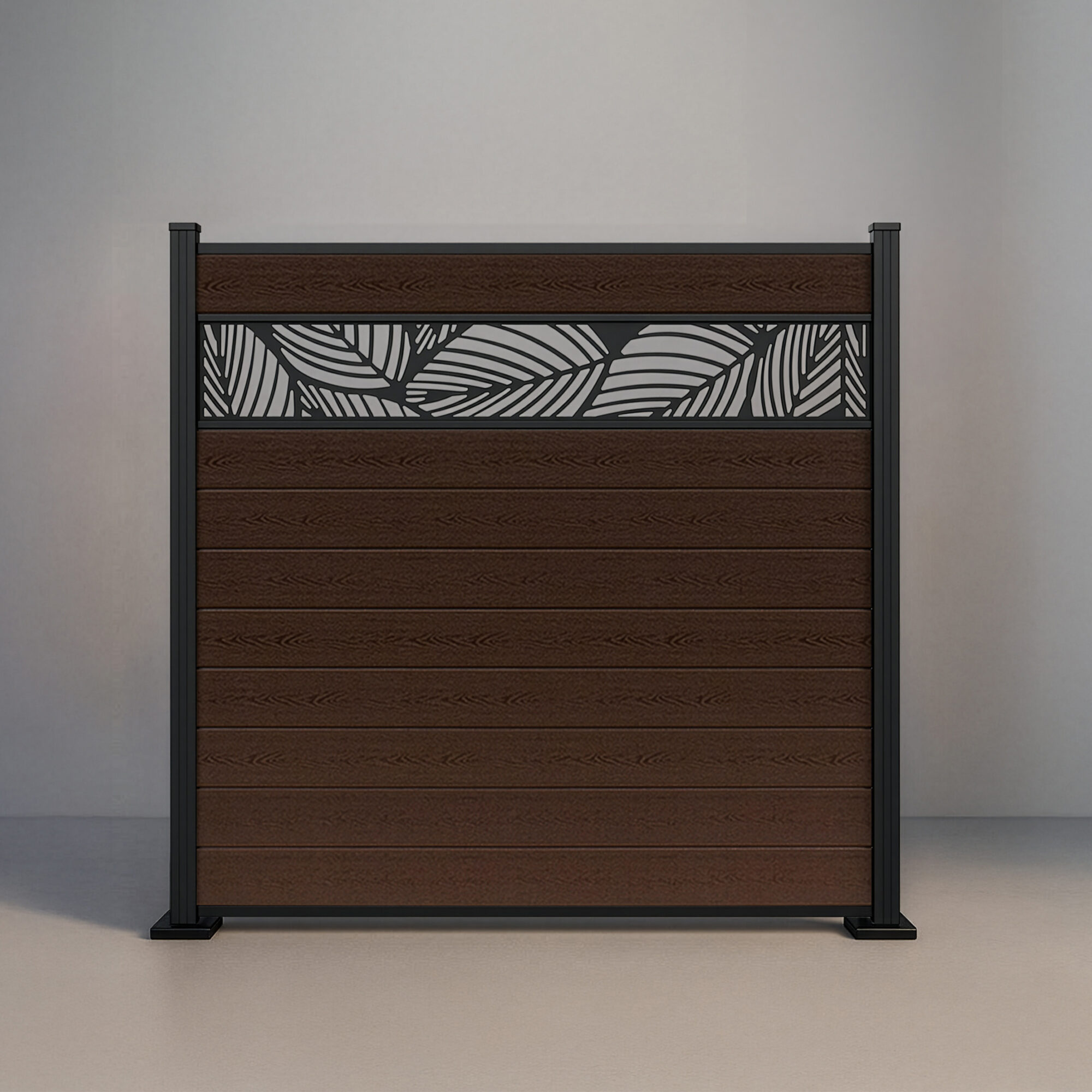 GWF® Leaf Lattice horizontal composite fence in Aspen Brown, nine tongue-and-groove boards with a matte black leaf-pattern laser-cut aluminum lattice on a 6063-T5 frame.