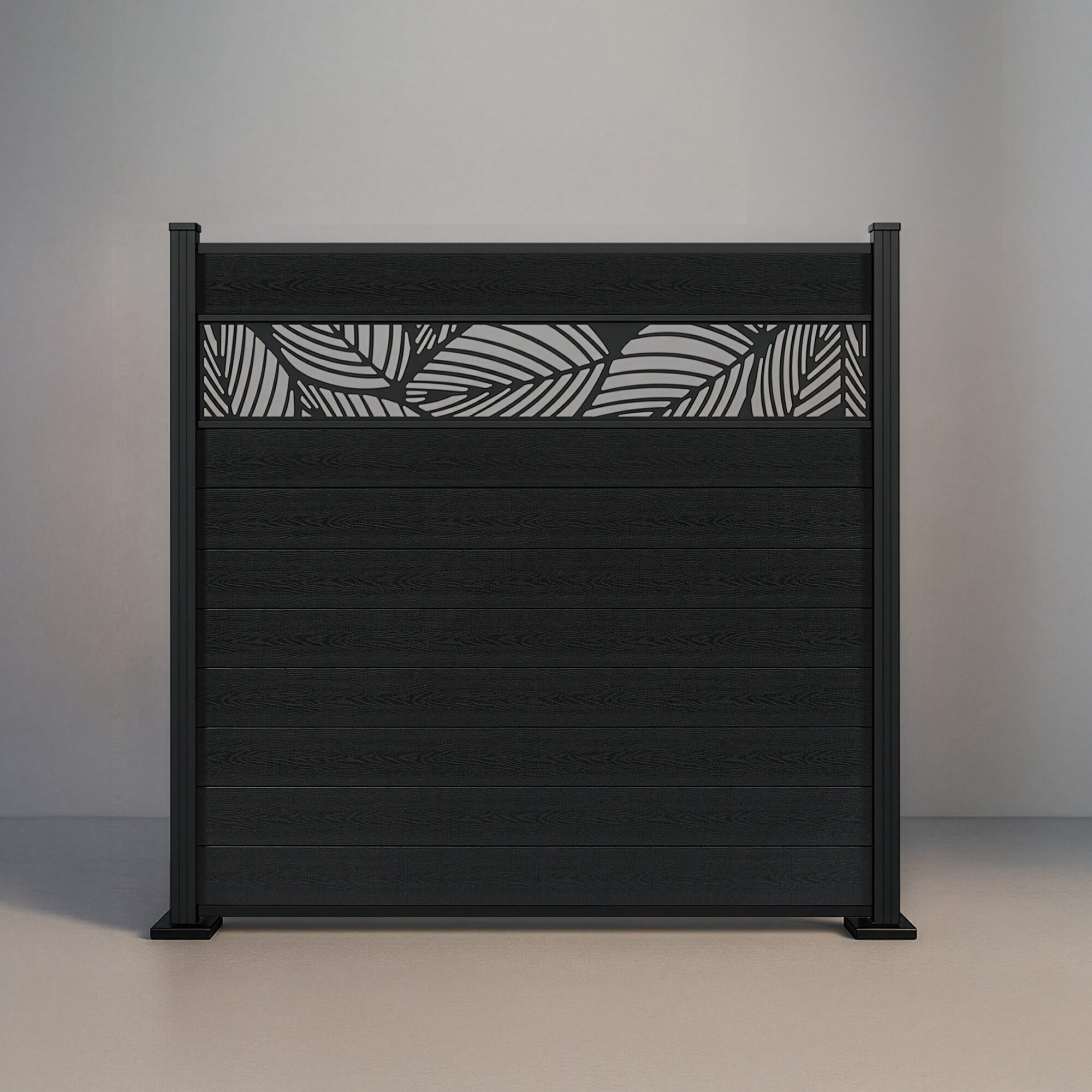 GWF® Leaf Lattice horizontal composite fence in Charcoal, nine tongue-and-groove boards with a matte black leaf-pattern laser-cut aluminum lattice on a 6063-T5 frame.