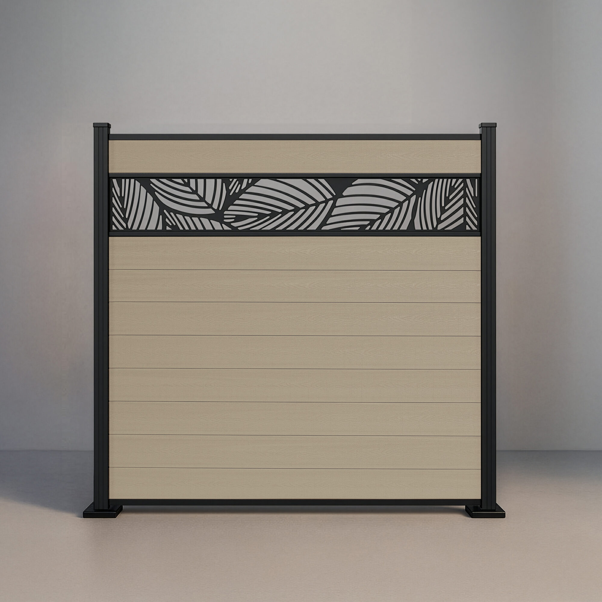GWF® Leaf Lattice horizontal composite fence in Sandy Birch, nine embossed wood-grain boards with a matte black leaf-pattern laser-cut aluminum lattice on a 6063-T5 frame.