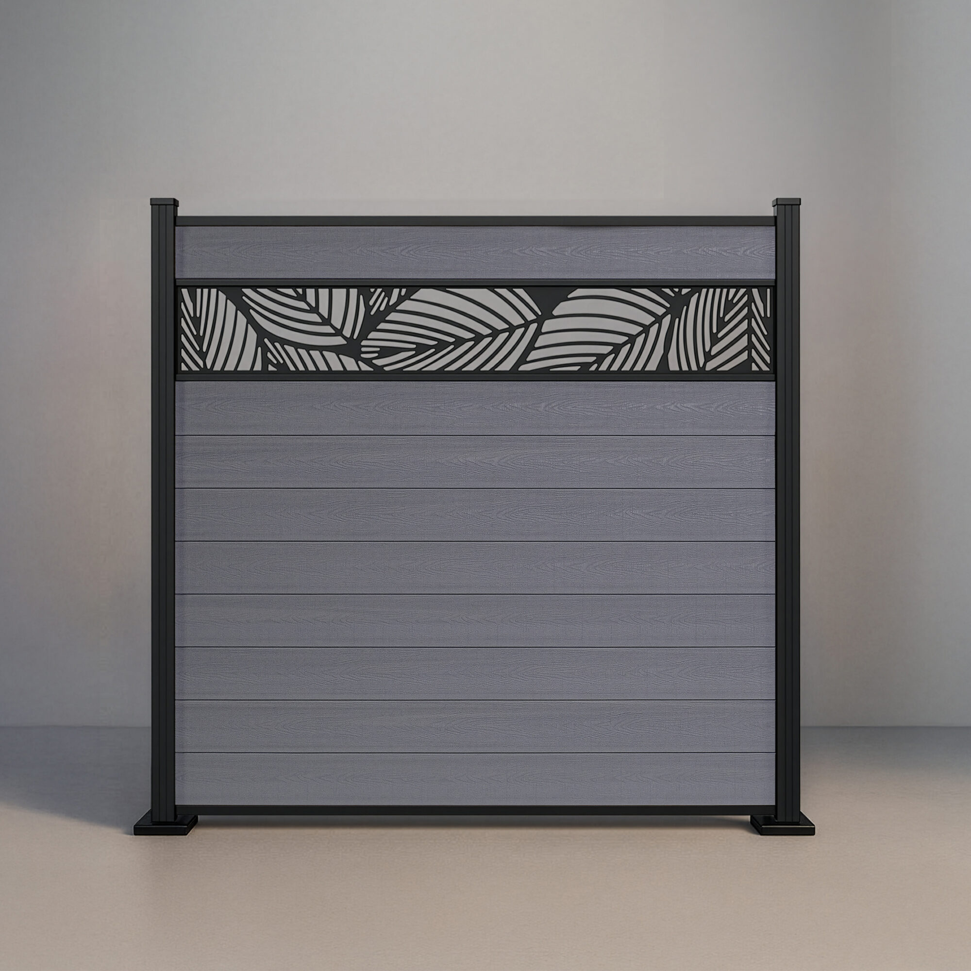 GWF® Leaf Lattice horizontal composite fence in Storm Grey, nine tongue-and-groove boards with a matte black leaf-pattern laser-cut aluminum lattice on a 6063-T5 frame.