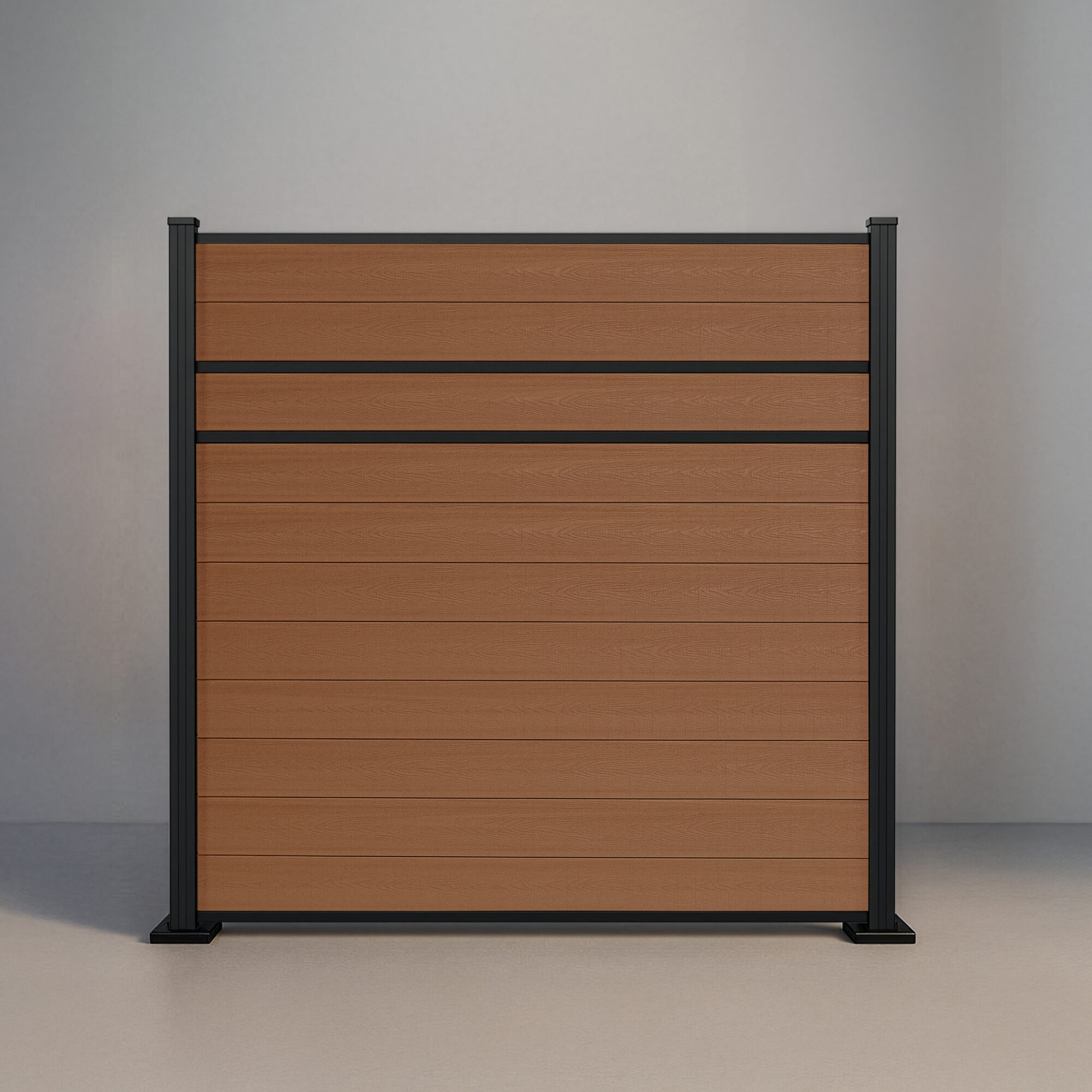 GWF® Modern Privacy horizontal composite fence in warm Cedar, eleven solid wood-grain boards with two crisp mid-rail reveals and matte black aluminum framing.