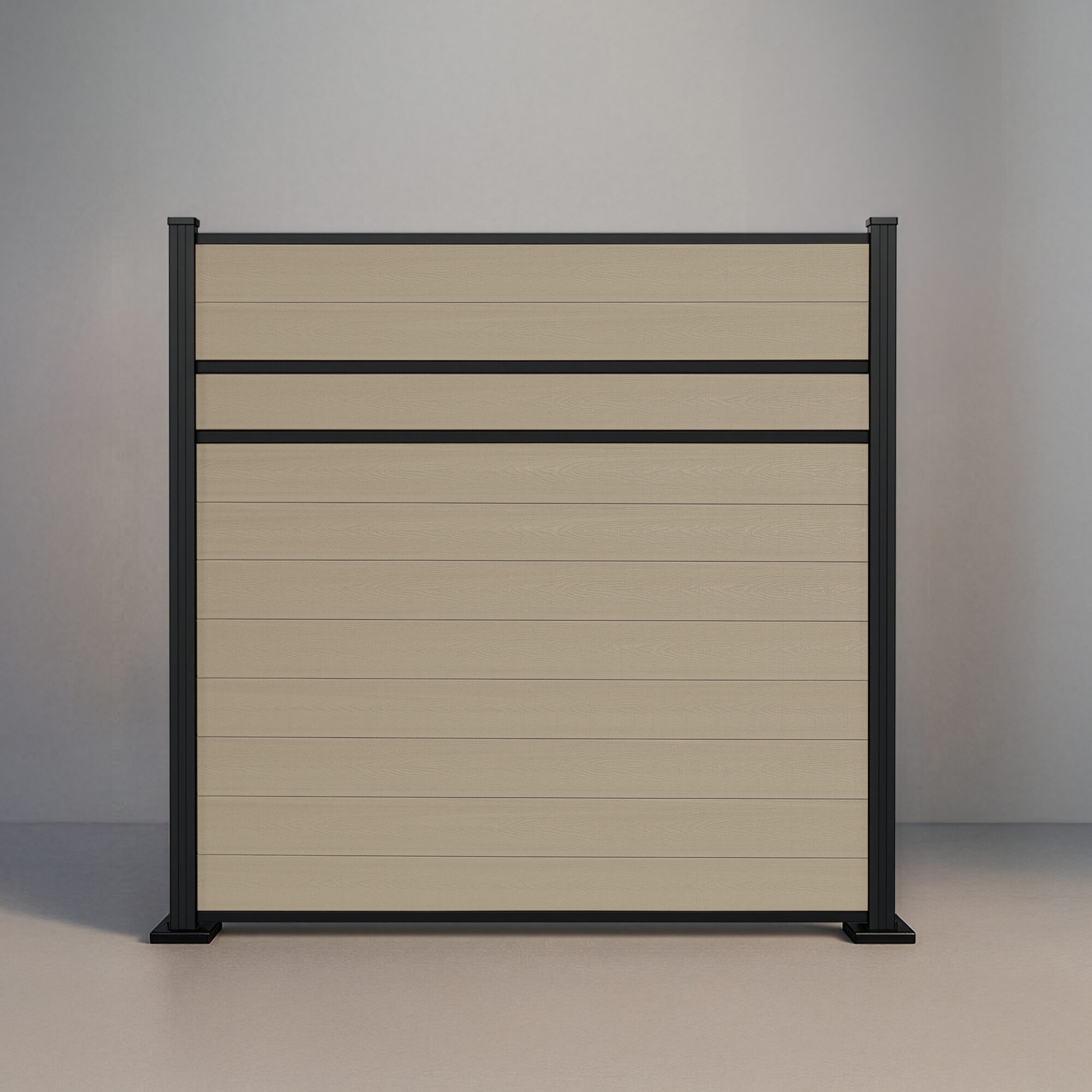 GWF® Modern Privacy horizontal composite fence in Sandy Birch, eleven solid light wood-grain boards with two mid-rail reveals and matte black aluminum posts.